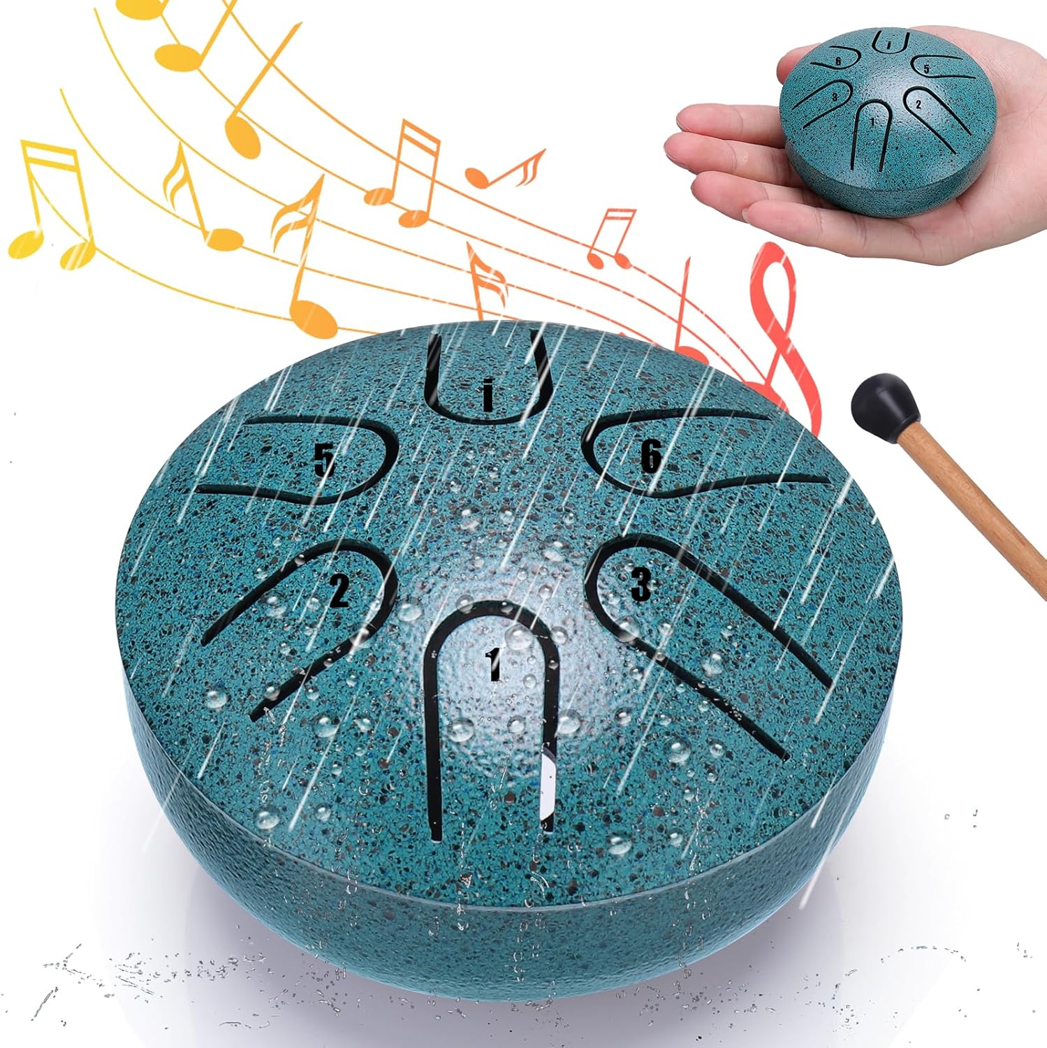 BUSOHA Rain Drum for outside - 3 Inches 6 Notes Steel Tongue Drum Rain Chime, Waterproof Garden Instrument, Mini Hand Drum for Outdoor, DA-477