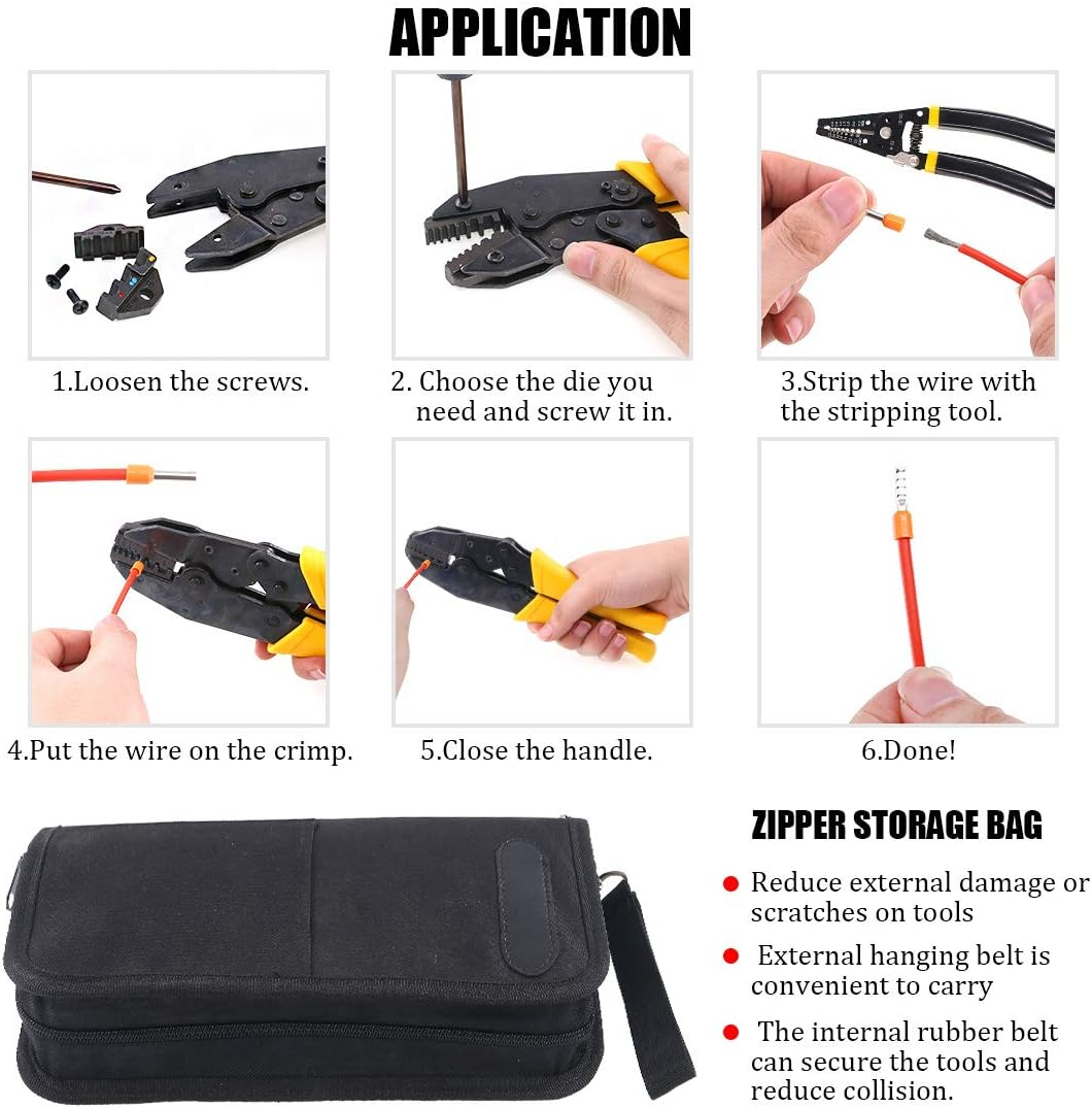 Hilitchi 4 Pcs Wire Crimping Tool Kit Terminal Ratchet Plier with 5 Interchangeable Dies, Wire Cutter/Stripper, Screwdriver, Terminal Removal Tool Key for Insulated Non-Insulated Terminals or Ferrules