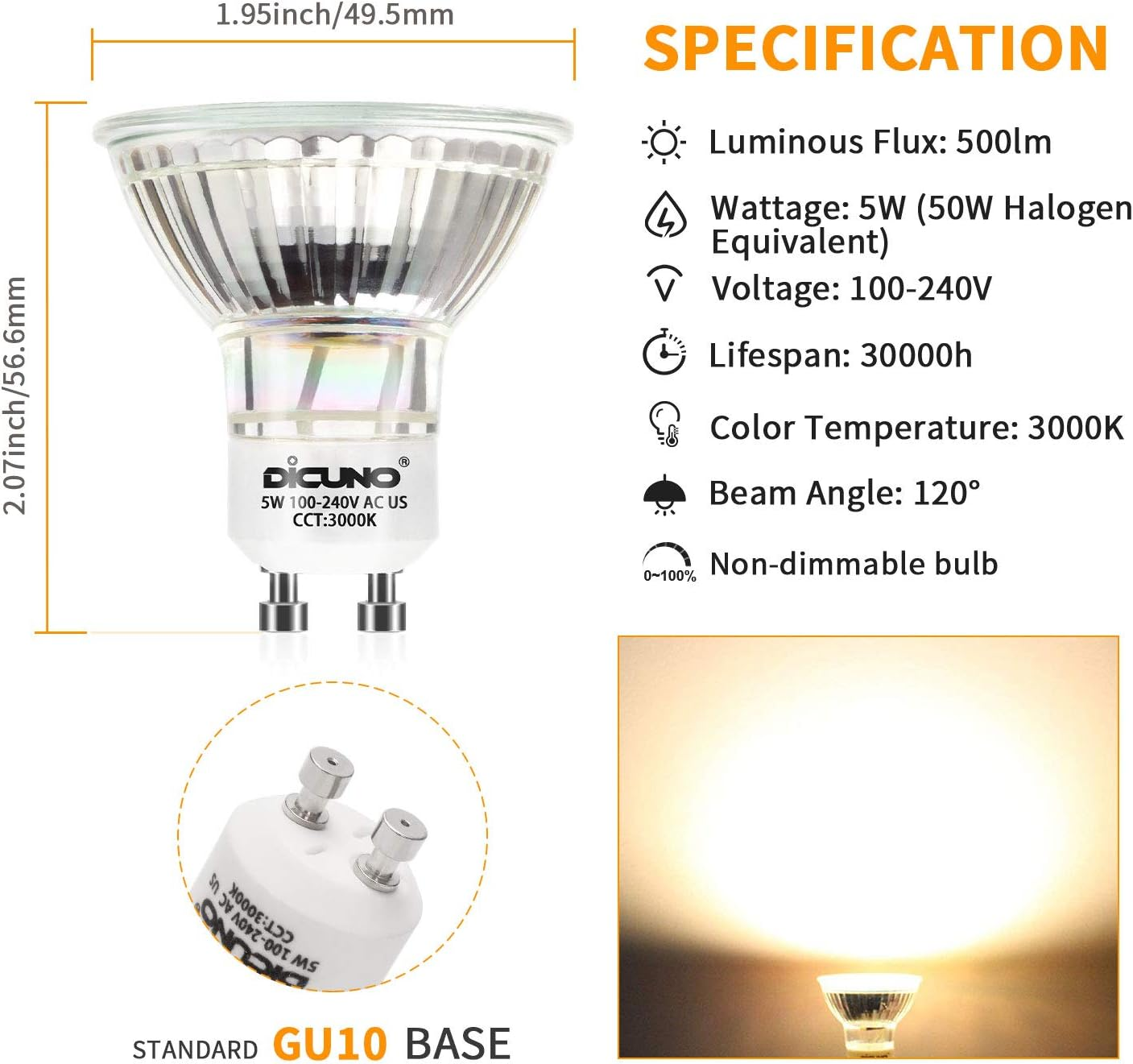 Dicuno GU10 LED Bulb, 5W 500LM, Warm White 3000K, MR16 Spotlight, 220V Non-Dimmable, 120&deg; Beam Angle, Pack of 6