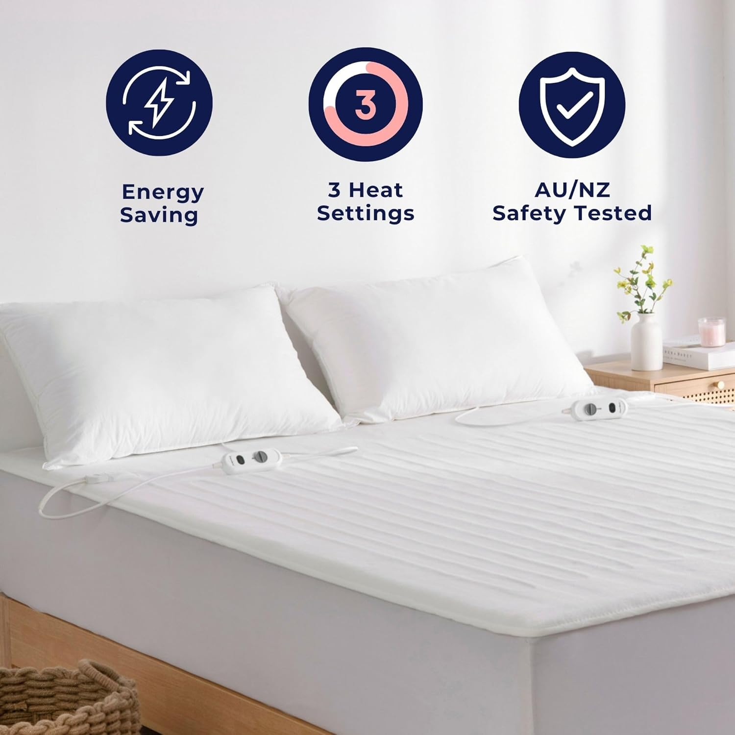 Dreamaker Dual Control Washable Fitted Electric Blanket 3 Heat Setting Safety Overheat Protection Machine Washable Underblanket White Queen image number 3