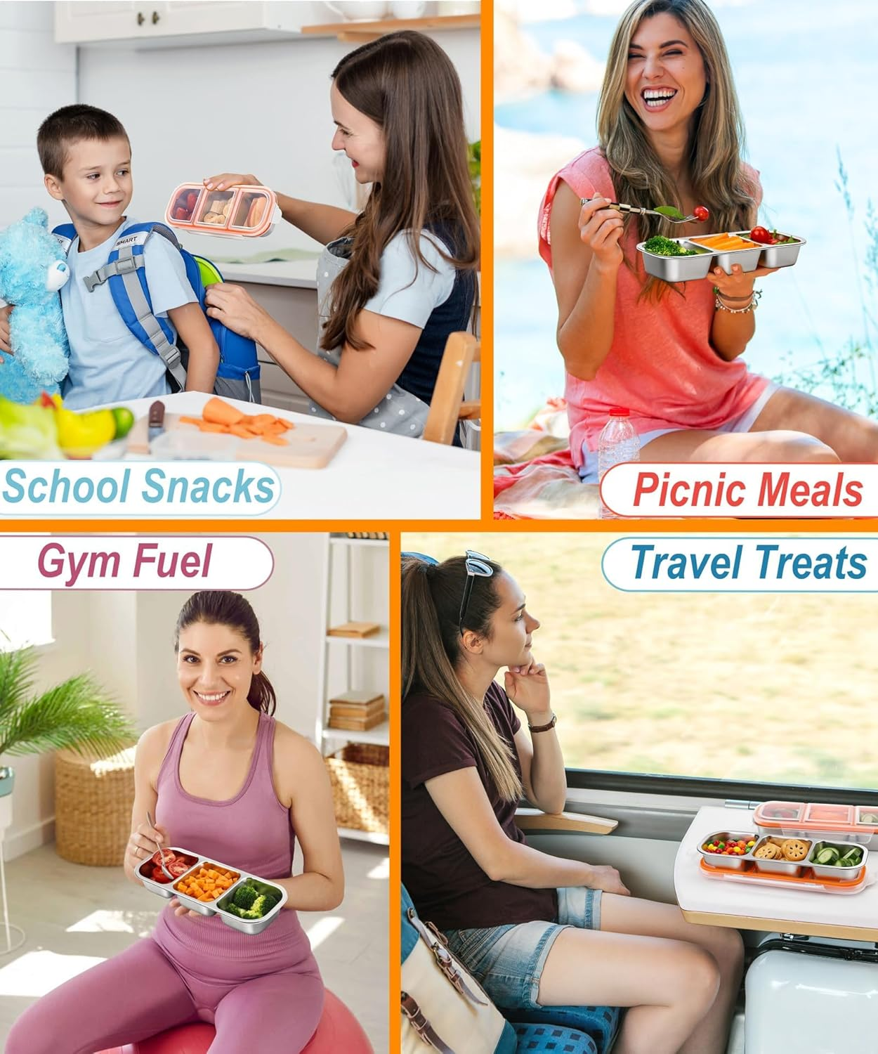 3 Pack Stainless Steel Snack Containers for Kids & Adults, Leek Proof Metal Bento Lunch Box with 3 Compartment Lunchable Container for Daycare, School, Work, Travel Stackable Bento Snack Box (O-3Pack) image number 5