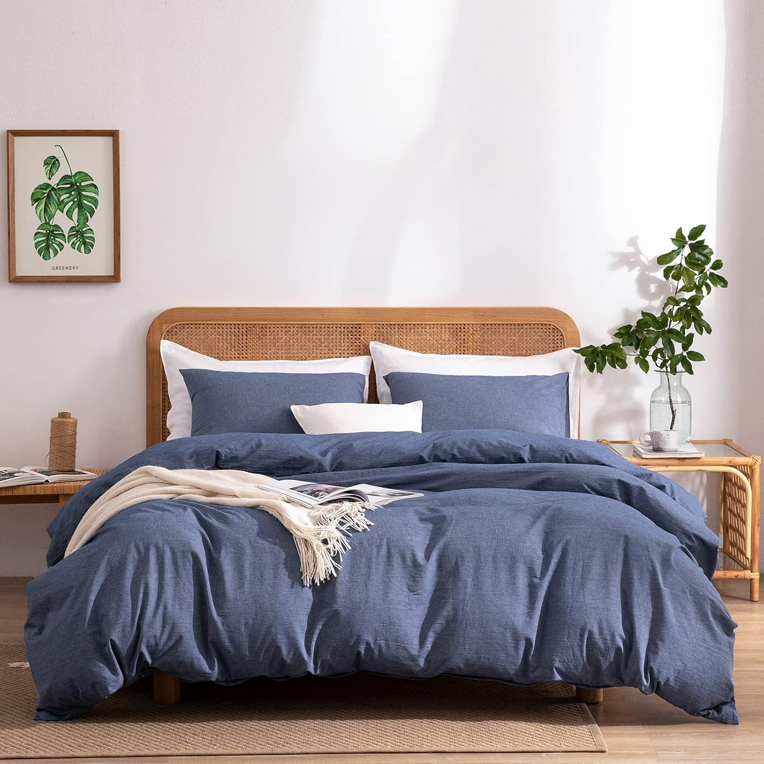 Dark Green Duvet Cover Queen, 100% Washed Cotton Linen like Textured Solid Color Casual Modern Green Bedding Set, with Zipper Closure, Luxury Soft Relaxed Feel Natural Wrinkled Comfy (3Pcs, Queen)