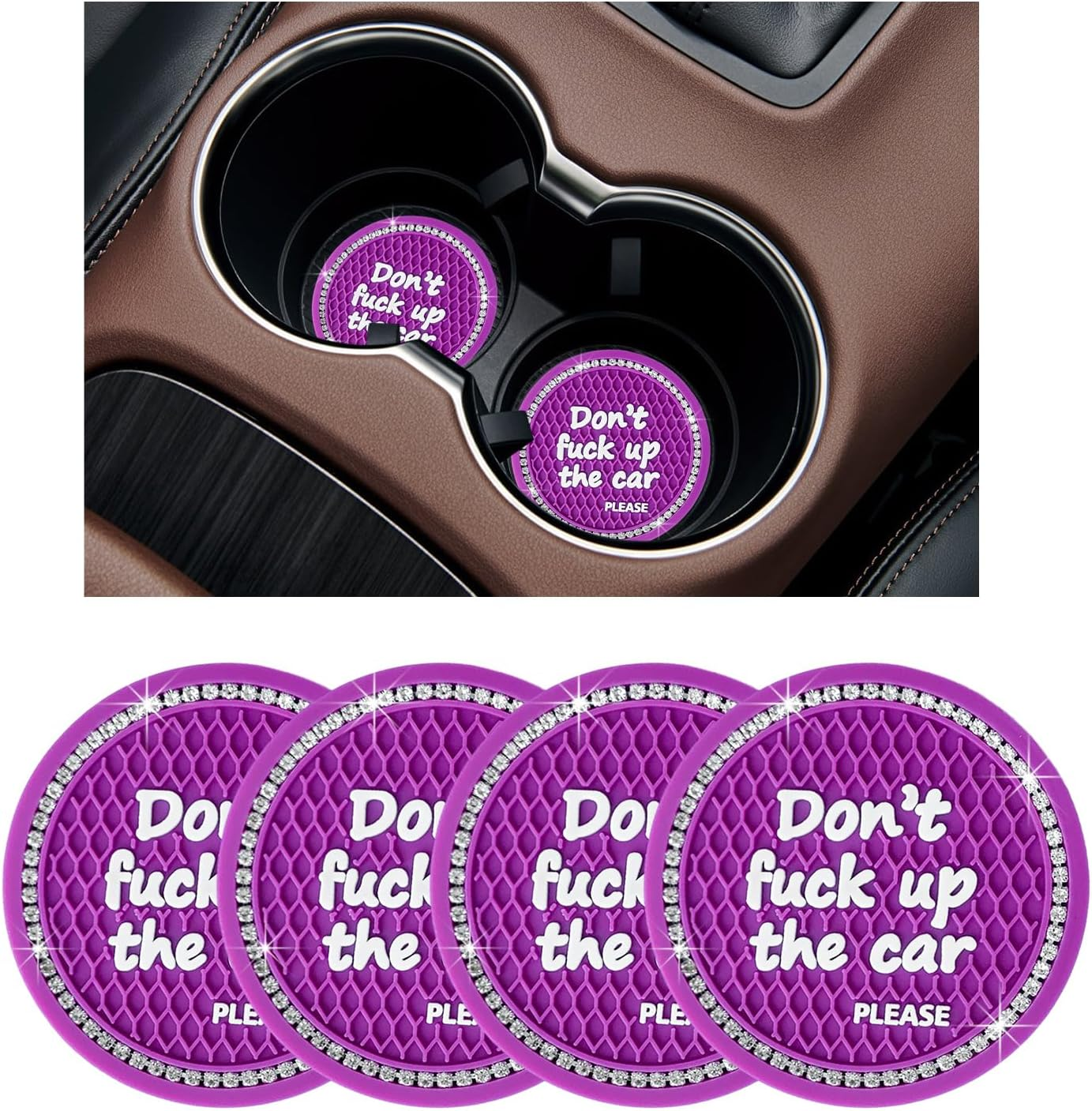 Ziciner 4 Pack Bling Car Cup Holder Coaster, 2.75 Inch Anti-Slip Auto Insert Cup Coaster, Crystal Car Drink Cup Mat Perfect for Women Girls, Universal Interior Decor Accessories (Purple) - Black, 4 Pcs image number 7