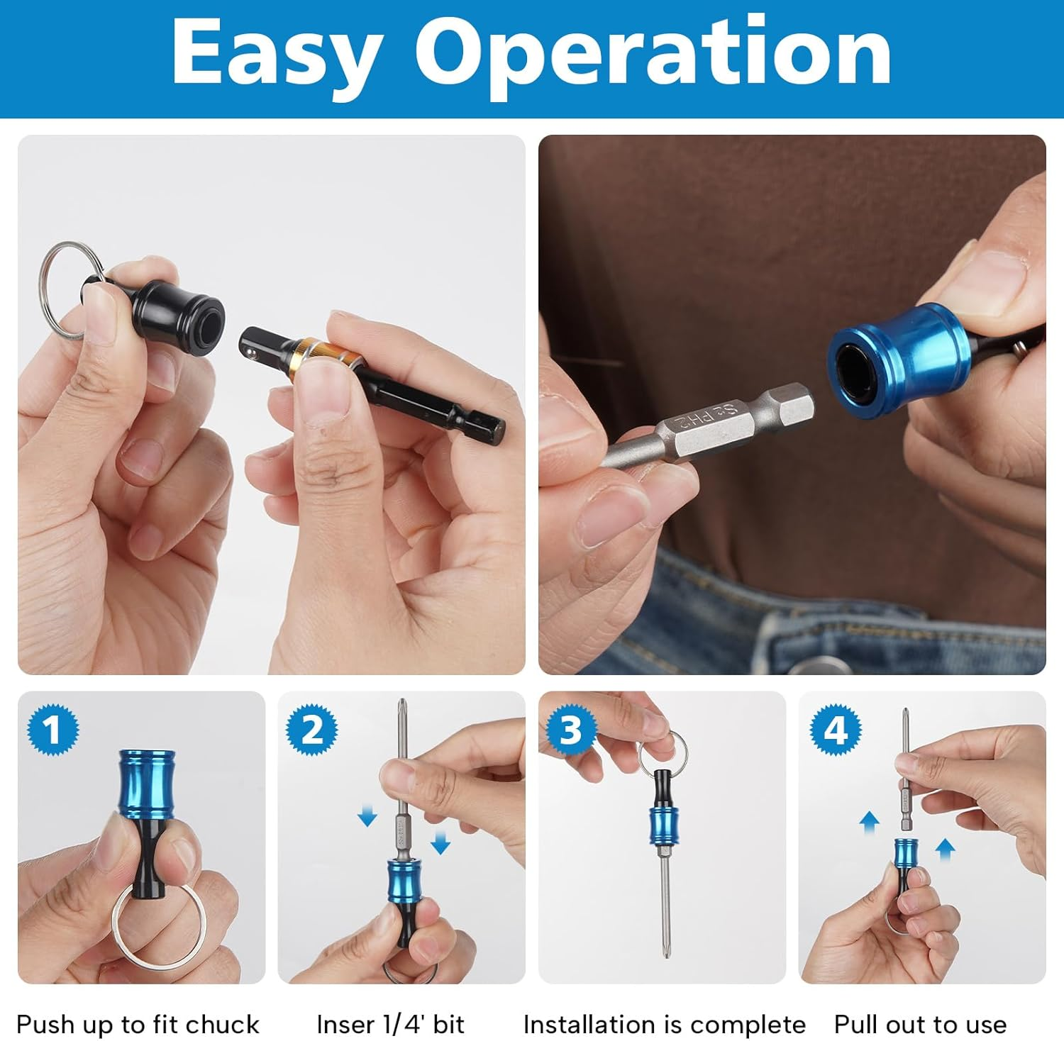 1/4 Bit Holder Keychain 6Pc, 1/4 Inch Hex Shank Bit Holders, Quick Release Bit Holder for Nut Driver, Screwdriver & Drill Bits W/Key Chain Carabiner - 5Pcs-Sct image number 3