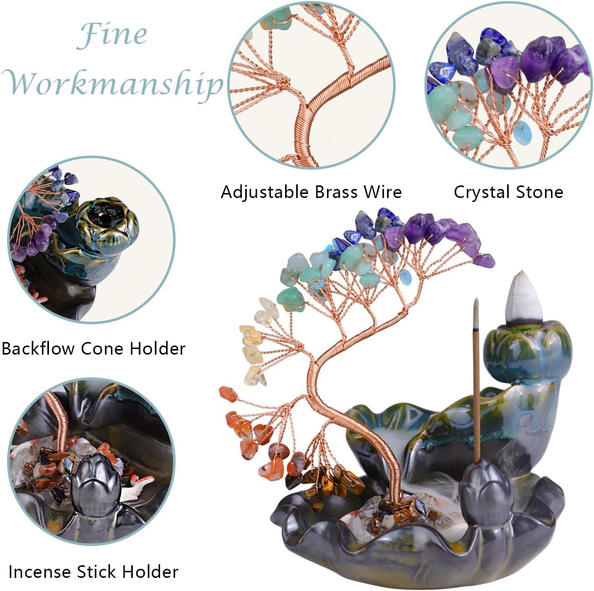 Waterfall Incense Burner, FHDUSRYO Backflow Incense Holder with Crystals Tree, 7 Chakra Crystal Censer Incense Stick Stand with 60 Incense Cones, 60 Incense Sticks, Aromatherapy Ornament Home Decor image number 2