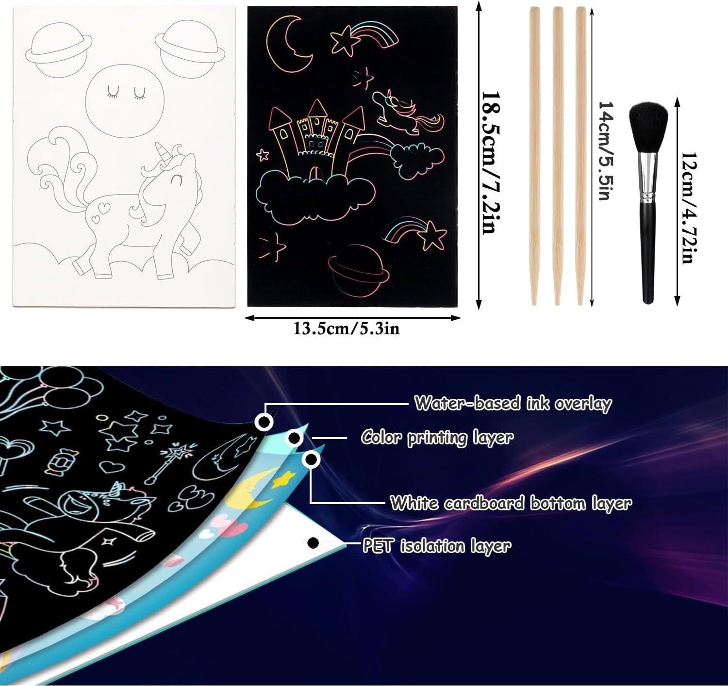 Rayong Set of 3 Scratch Pictures for Children, 18.5 X 13.5 Cm, Magic Rainbow Scratch Paper, Scratch Book, Scratch Paper Set with Colourful Gradient and Scratch Pen, Dinosaurs, Space, Oceans (B) image number 1