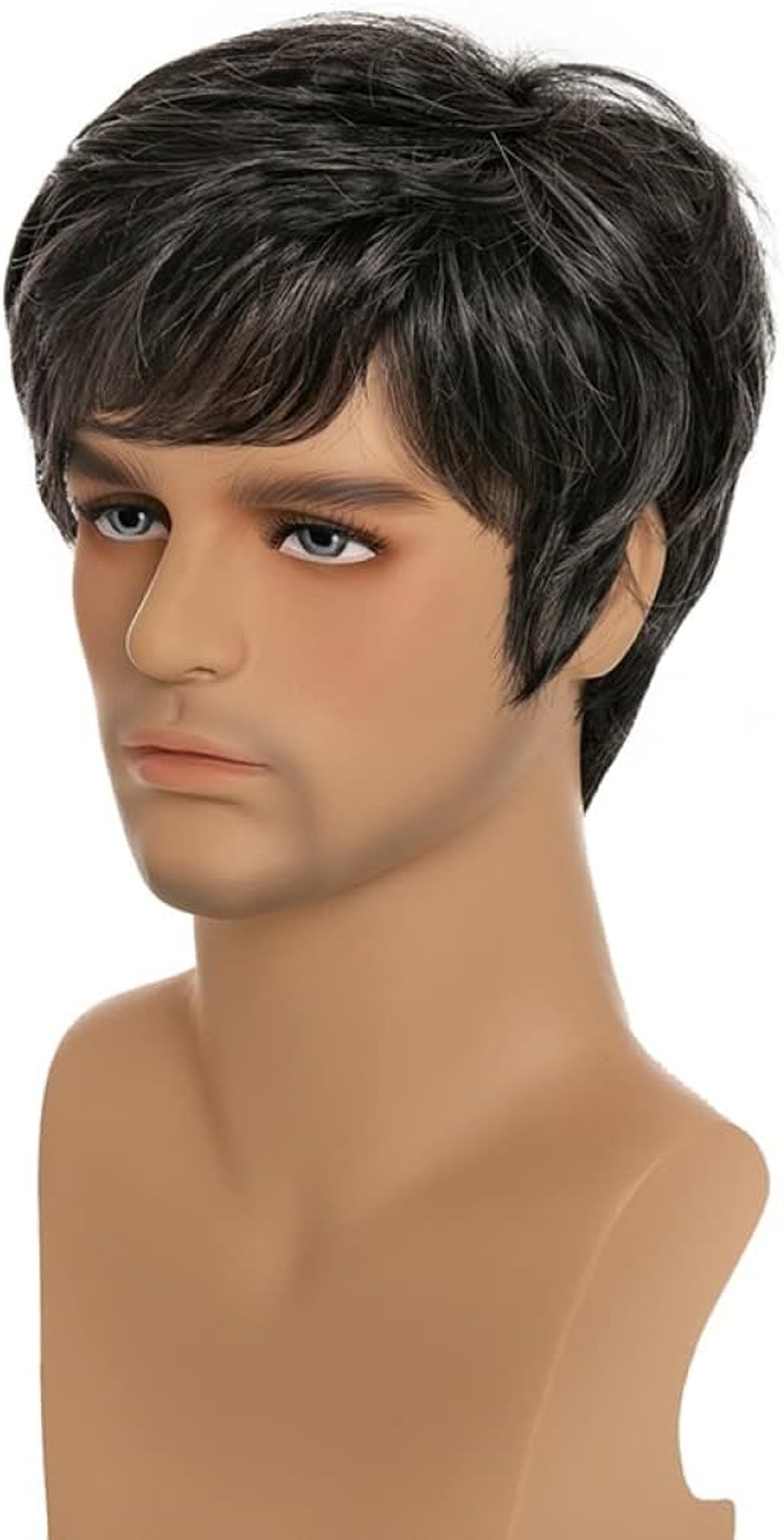 AIYLMZ Short Black Straight Side Part Wigs for Men with Bangs Hair Toupee for Middle Aged Men Natural Stylish Fluffy Layered Wigs Men'S Hairpieces (Black)