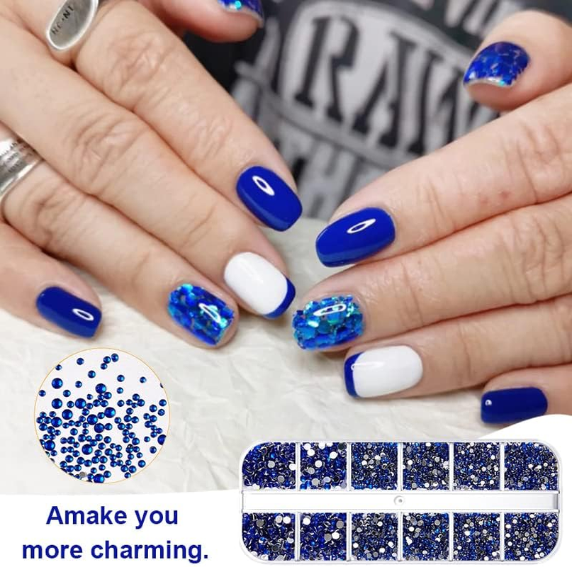 1200 Pieces Nail Art Street 3 Sizes Flatback Gemstones, with Pick-Up Tweezers and Rhinestone Pointer Transparent round Crystal Rhinestones for Nail Art Clothing Crafts (Navy Blue) image number 5