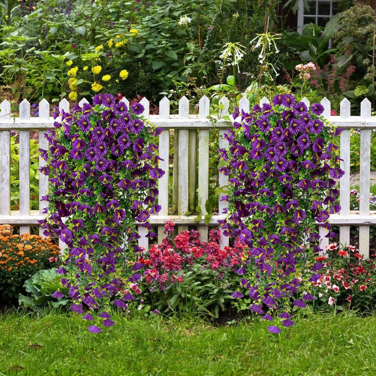 Artificial Hanging Flowers for Outdoors, 5Pcs UV Resistant Faux Petunias, Realistic Fake Silk Long Vines Morning Glory Eucalyptus for outside Indoor Planter Porch Patio Home Decor (Purple) image number 2