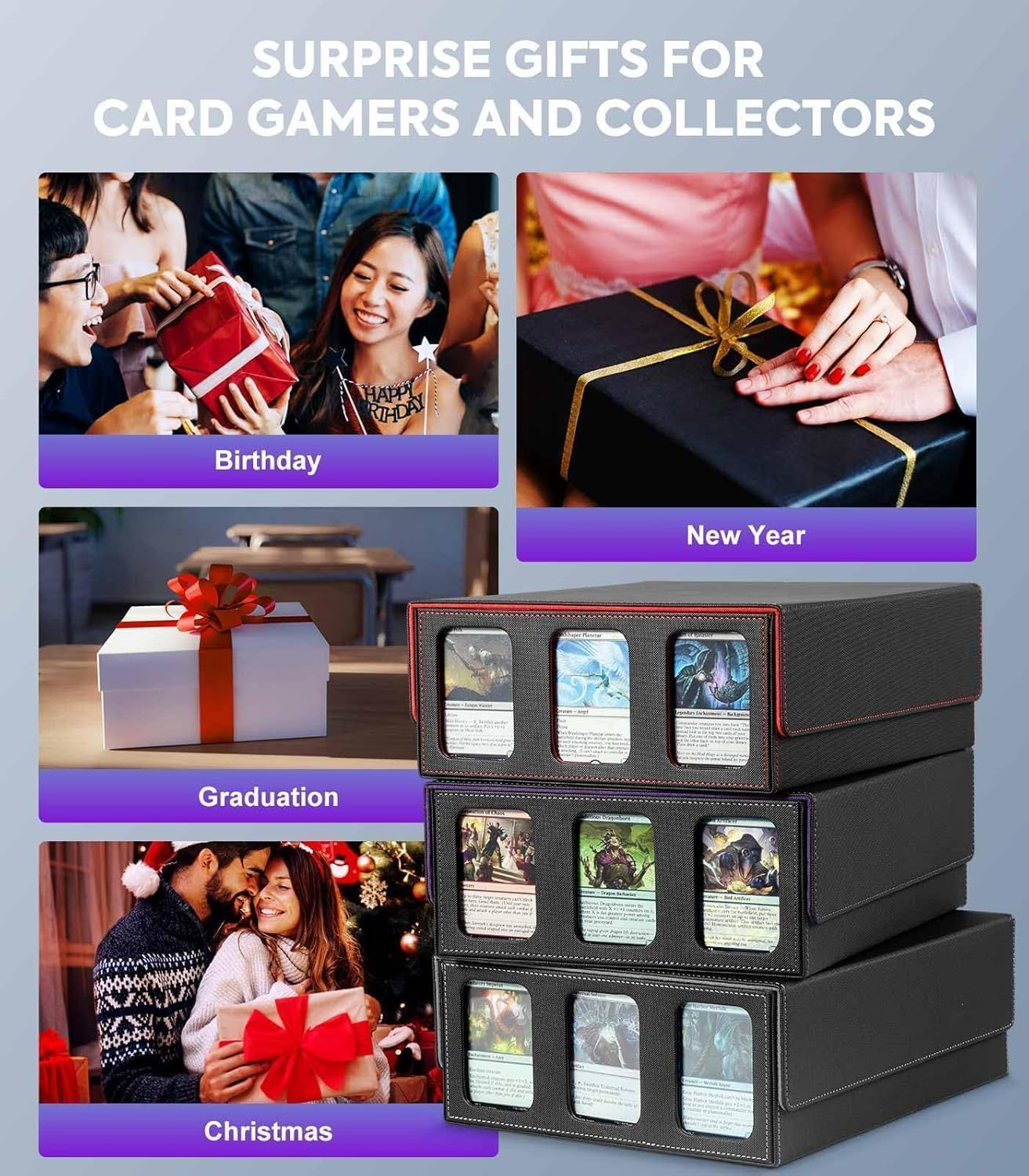 Purple Rectangular Mtg Trading Card Storage Box, Fits OCG PTG Magic Game Cards, Sports Cards, 10 Compartments, Waterproof, Magnetic Closure - Gray image number 5