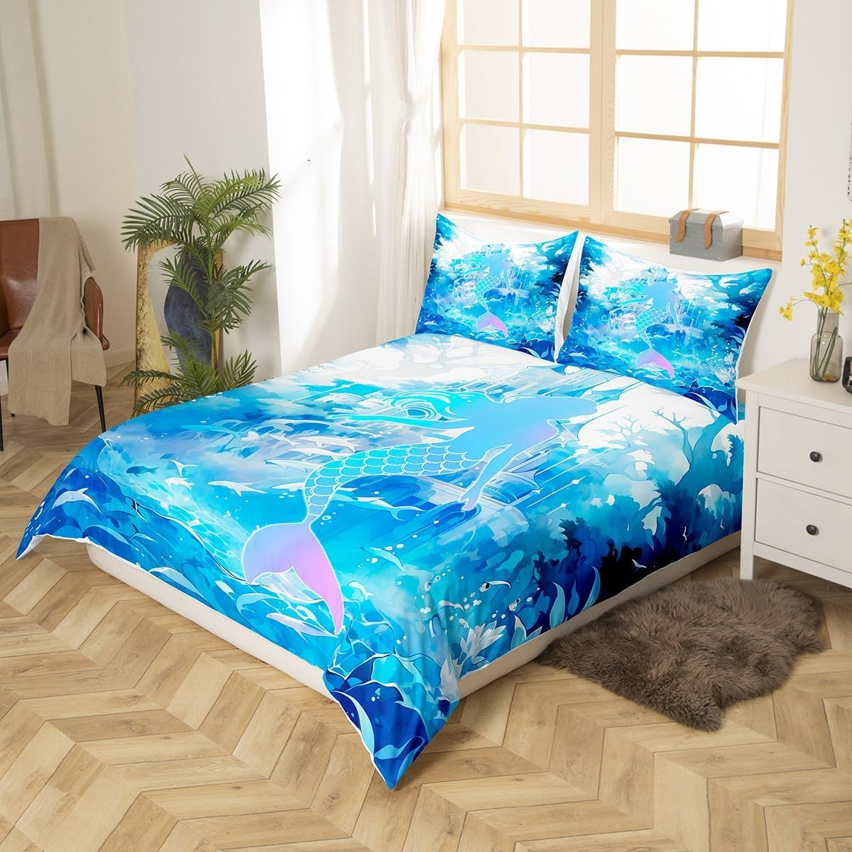 Mermaid Scale Kids Duvet Cover Set Twin Size,Watercolor Fish Castle Plants Bedding Set,Girls Women Room Decor,Cartoon Seaweed Marine Life Comforter Cover,Blue Romantic Quilt Cover,1 Pillowcase image number 5