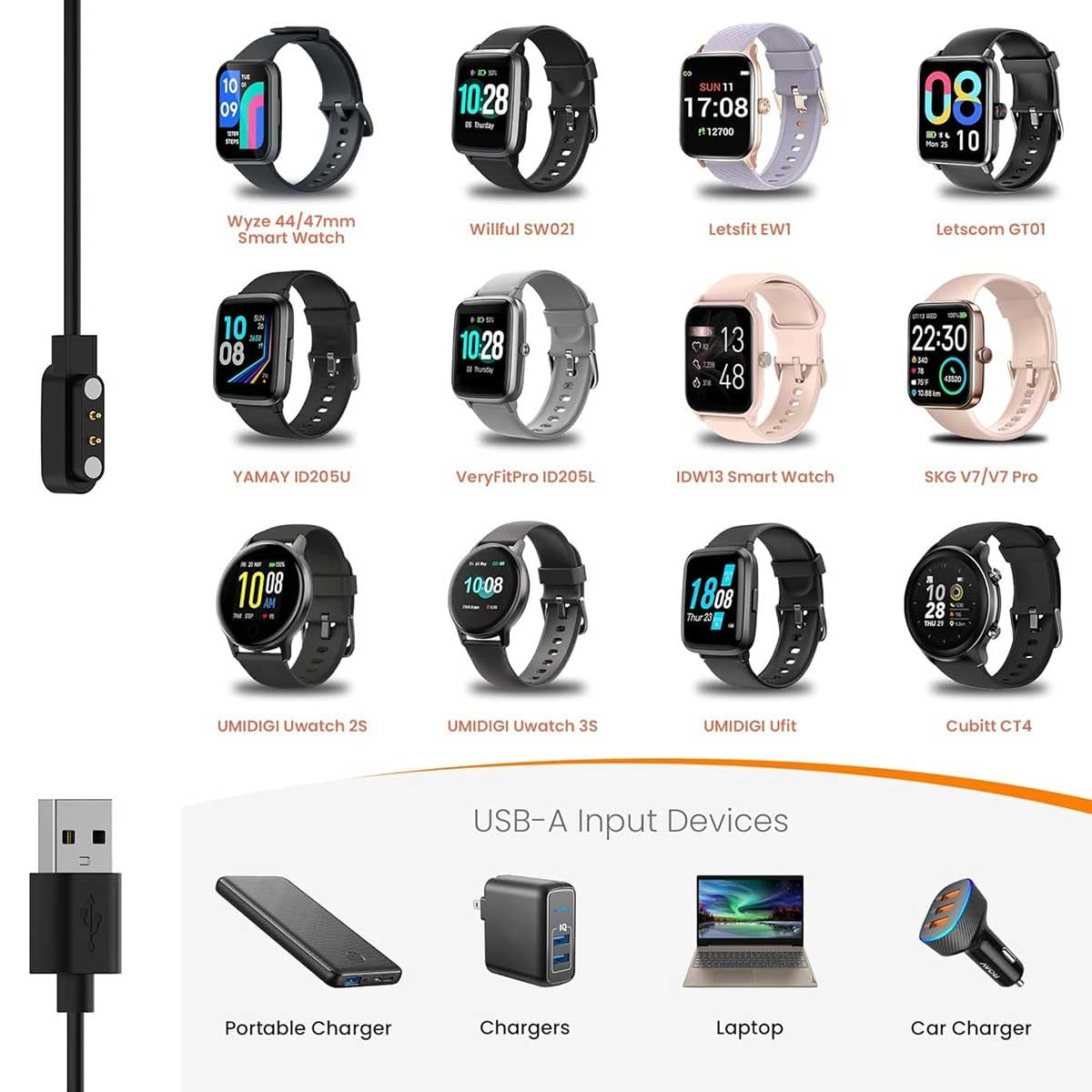 T Tersely 2 Pin 1M/3.3FT Magnetic Smart Watch Charger for YAMAY Sw023/Letsfit Id205/Wiliful Sw021/Vigorun ID216, USB Cable Replacement Charging for Umidigi Uwatch 2/2S/3/3S/Urun/S/Ufit image number 3