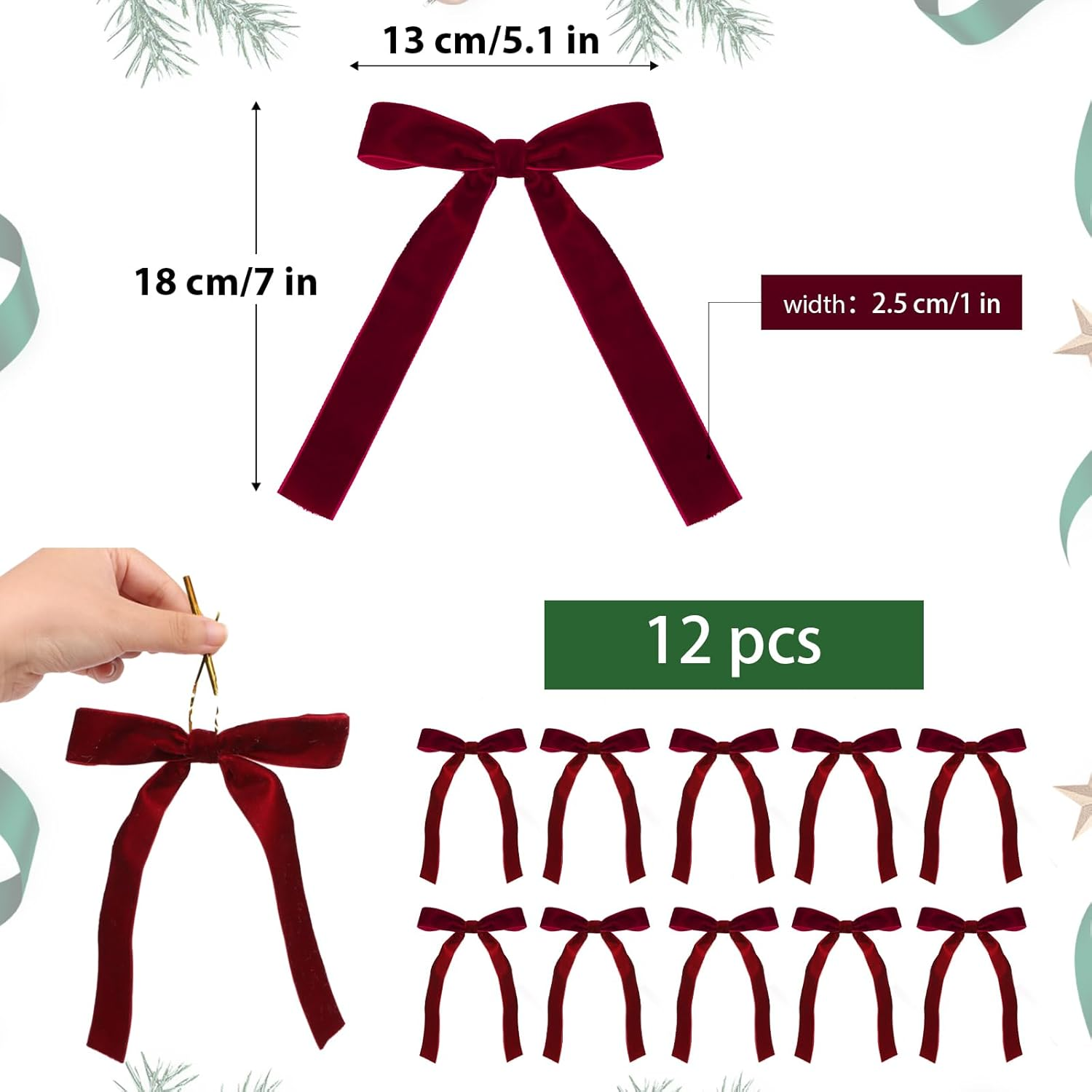 12 Pcs Wine Red Velvet Bows with Twist Ties for Christmas Tree Decorations Christmas Decorative Bows Christmas Bow Christmas Bows Decorative Xmas Decor Wreath Ornament - Red image number 4