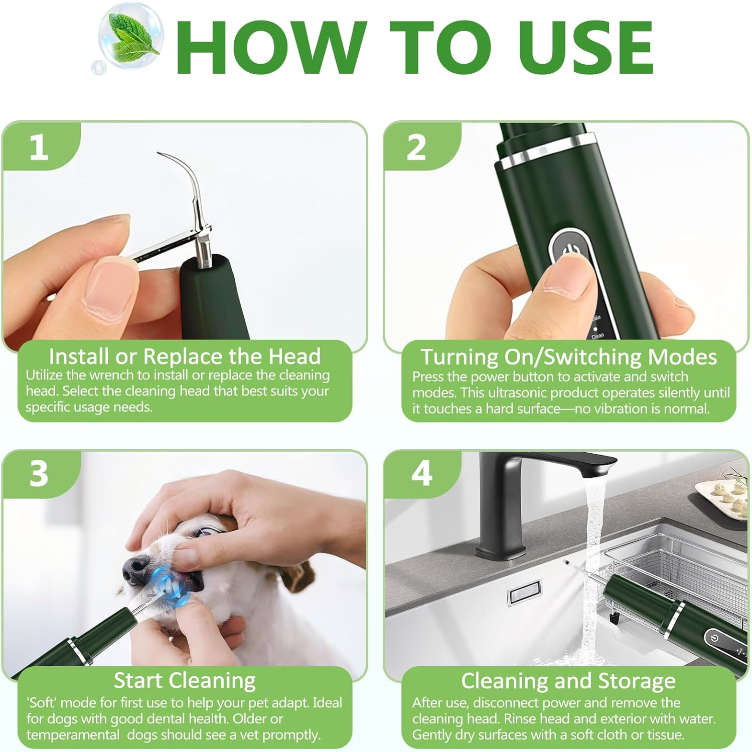 Opdent Dog Plaque Remover for Teeth - Pet Ultrasonic Tooth Cleaner, 6 Adjustable Modes Dog Teeth Cldaning Kit with LED Light, Cats and Dogs Tartar Remover for Teeth (Green, Large)