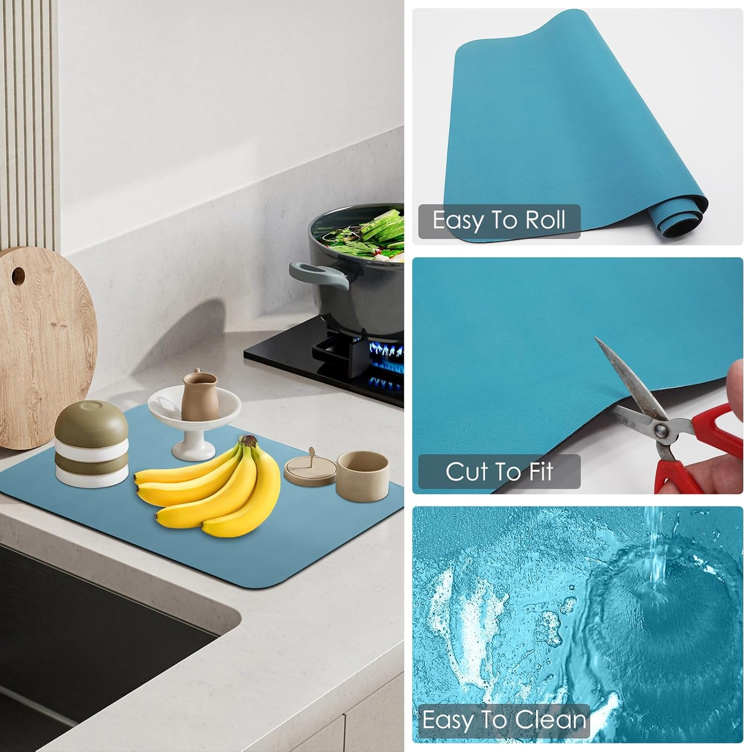 Dish Drying Mat for Coffee Kitchen Counter, Non-Slip Rubber Backed Absorbent Quick Dry Pad for under Coffee Maker Coffee Machine Coffee Pot Espresso Machine Dish Rack (Blue, 40*60Cm) - Blue image number 5