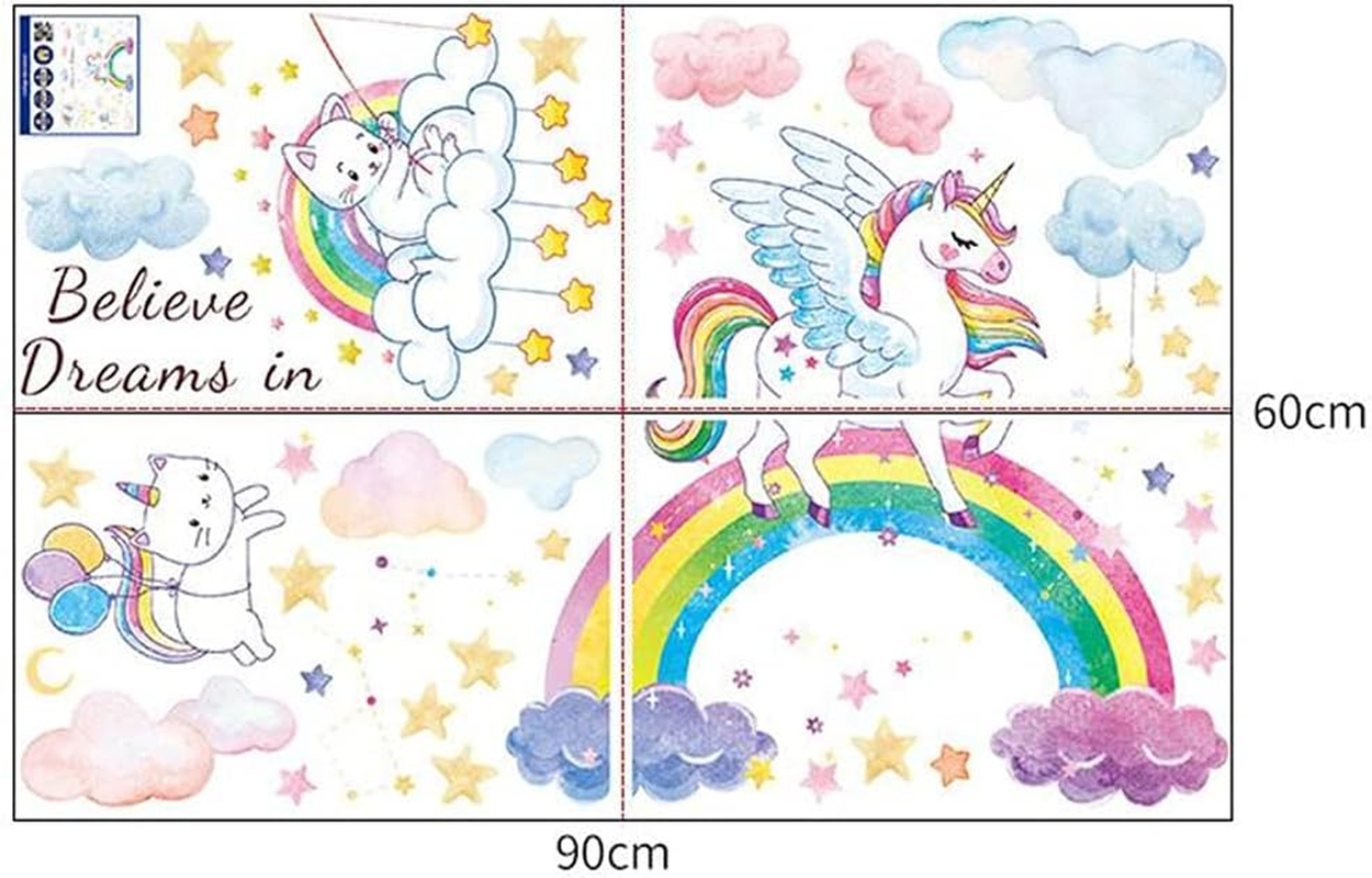 Rainbow Unicorn Wall Decals, Large Size Removable Unicorn Wall Decal Stickers with Cute Cat Kitty Clouds Stars Art Decal, DIY Home Wall Decor Stickers for Girls Bedroom Baby Nursery Kid Birthday Party image number 3