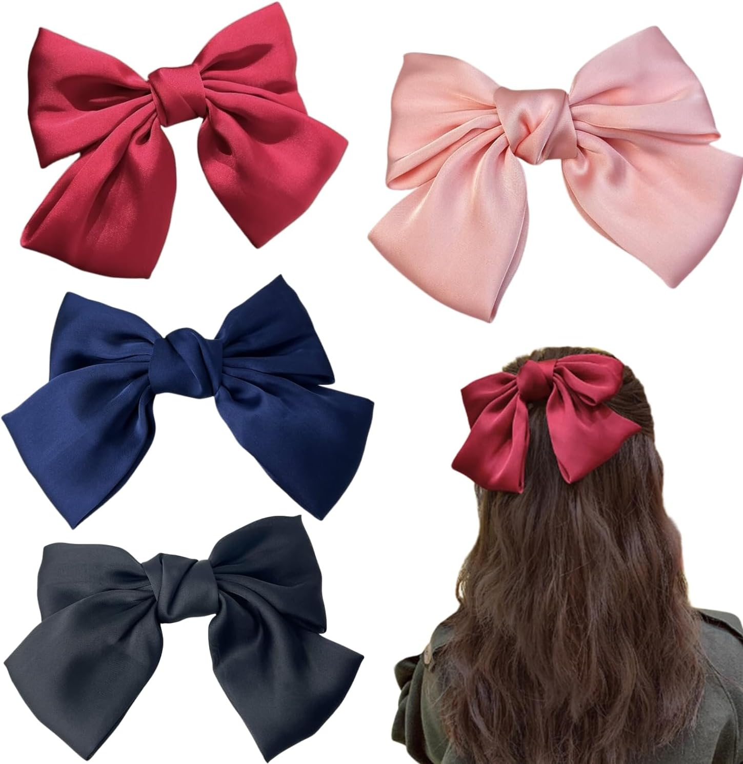 4 Pack Satin Bow Tie Hair Clips (Red, Blue, Black, Pink) - Duck Bill Hair Clip - Elegant Hair Accessories for Girls image number 3
