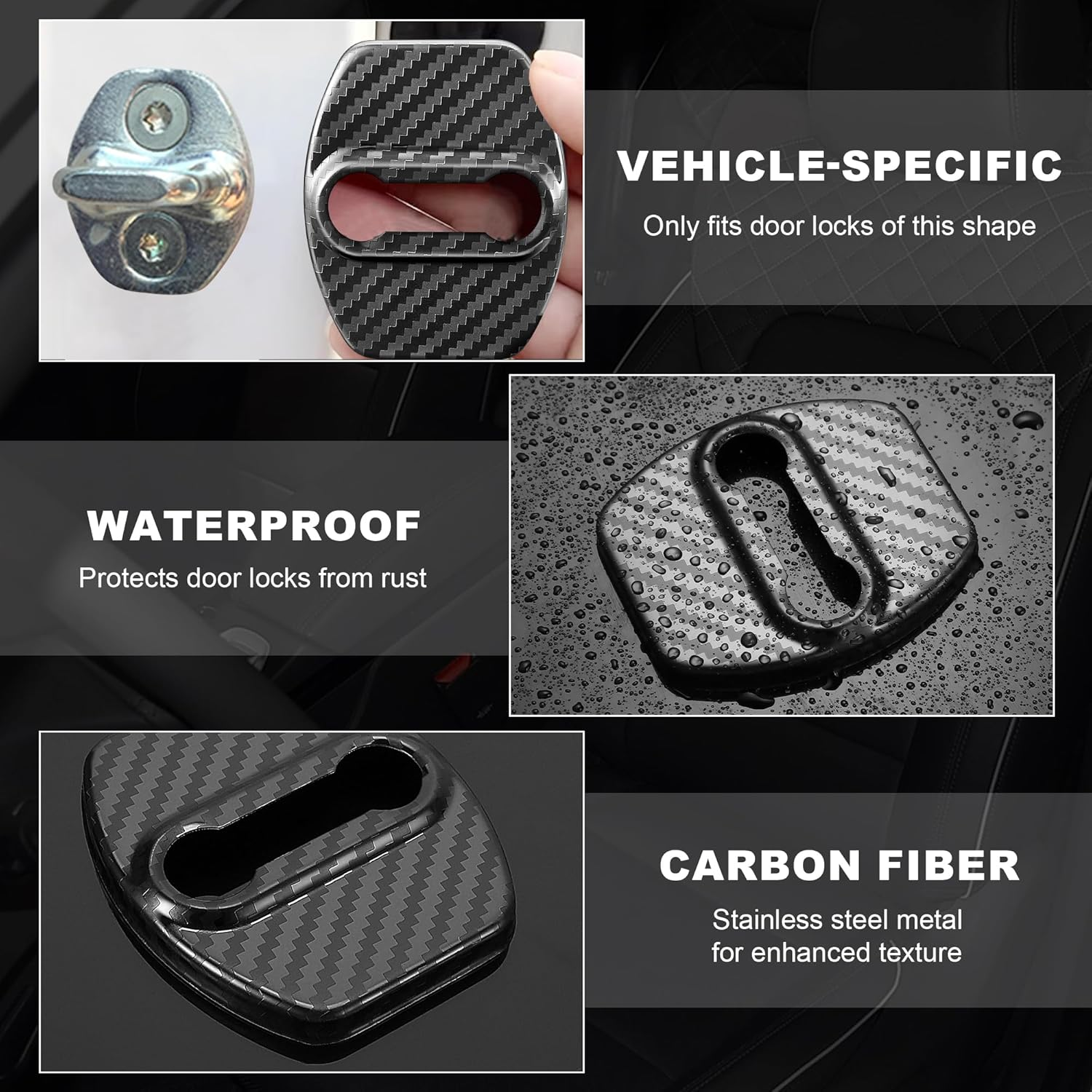 TOMALL 4Pcs Car Door Lock Latches Covers Compatible with Hyundai Sonata Elantra Santa Fe Palisade Tucson Veloster N Genesis Kona/Kona EV Azera Ioniq Stainless Steel Exterior Accessories (Carbon Fiber) image number 3