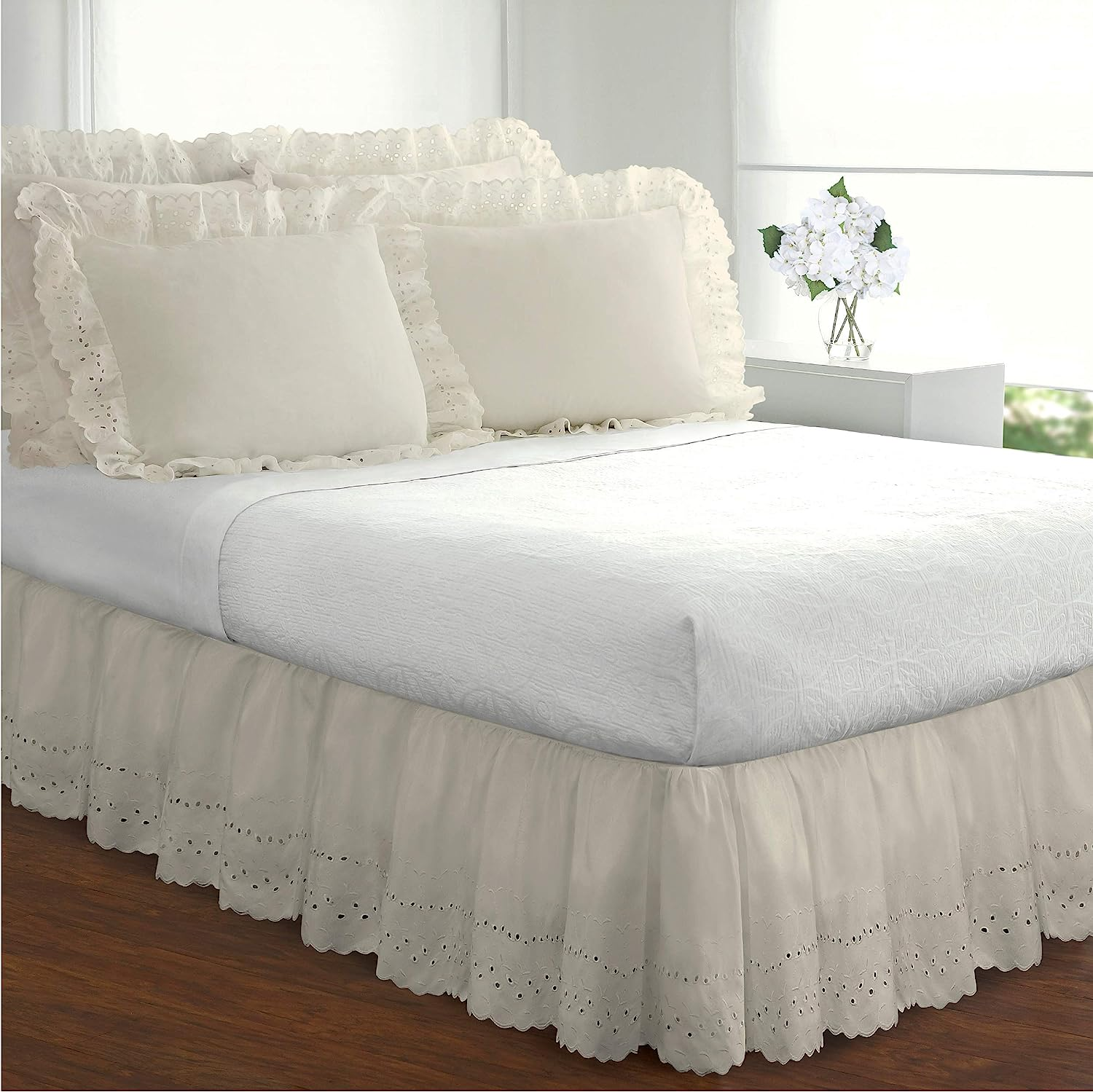 Eyelet Ruffled Bedskirt &ndash; Ruffled Bedding with Gathered Styling &ndash; 18&rdquo; Drop, Queen, Bone Ivory image number 4