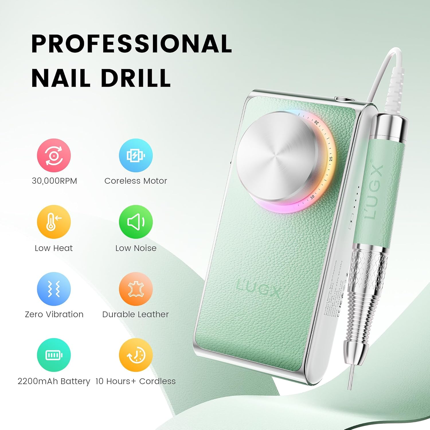 L'UGX Rechargeable Nail Drill Professional &ndash; Cordless Electric Nail File for Acrylic & Gel Nails 30000 RPM, Quiet & Smooth Efile for Manicure & Pedicure,Green image number 1