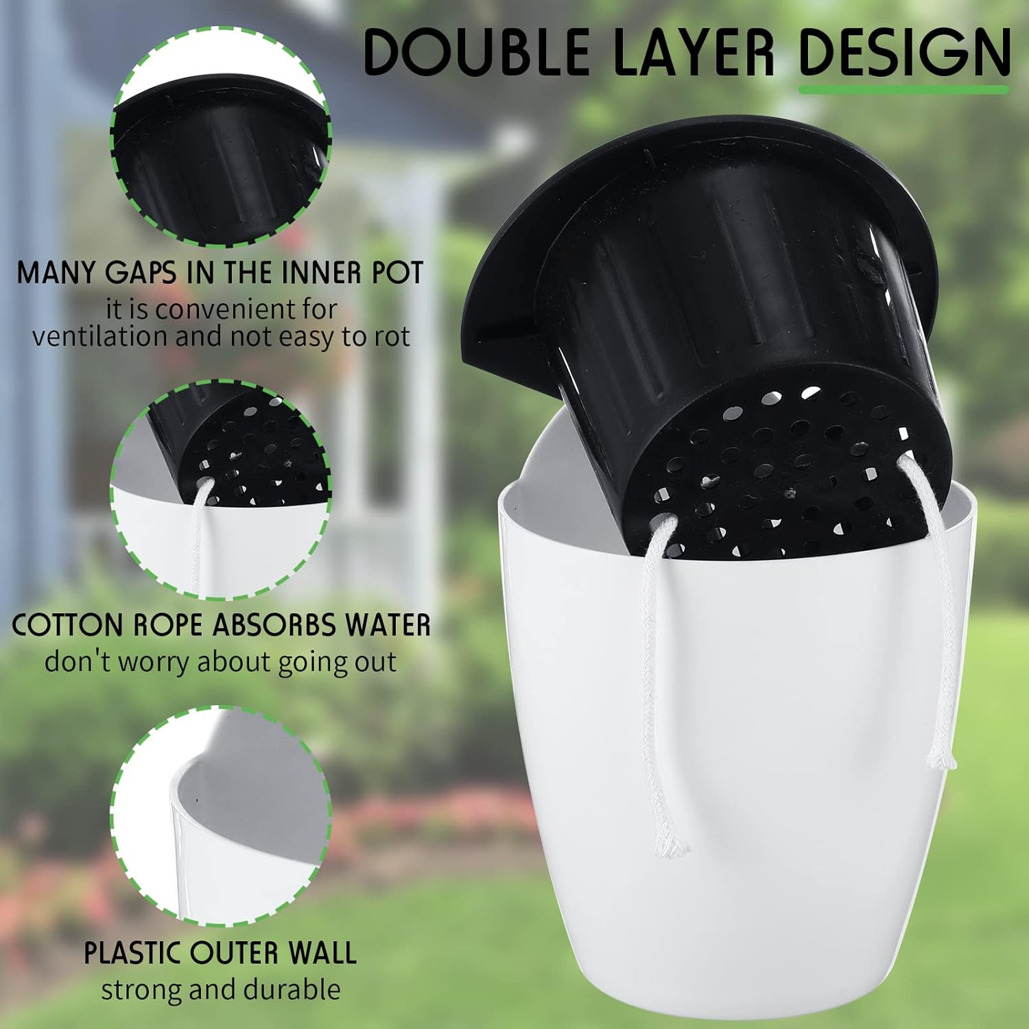 Yungyan 20 Sets 5" Self Watering Hanging Planter White Lazy Flower Pots Plastic Wall Planters Propagation Window Wall Mount Planter with Hooks and Absorbent Cotton Ropes for Indoor Succulent Plants image number 3