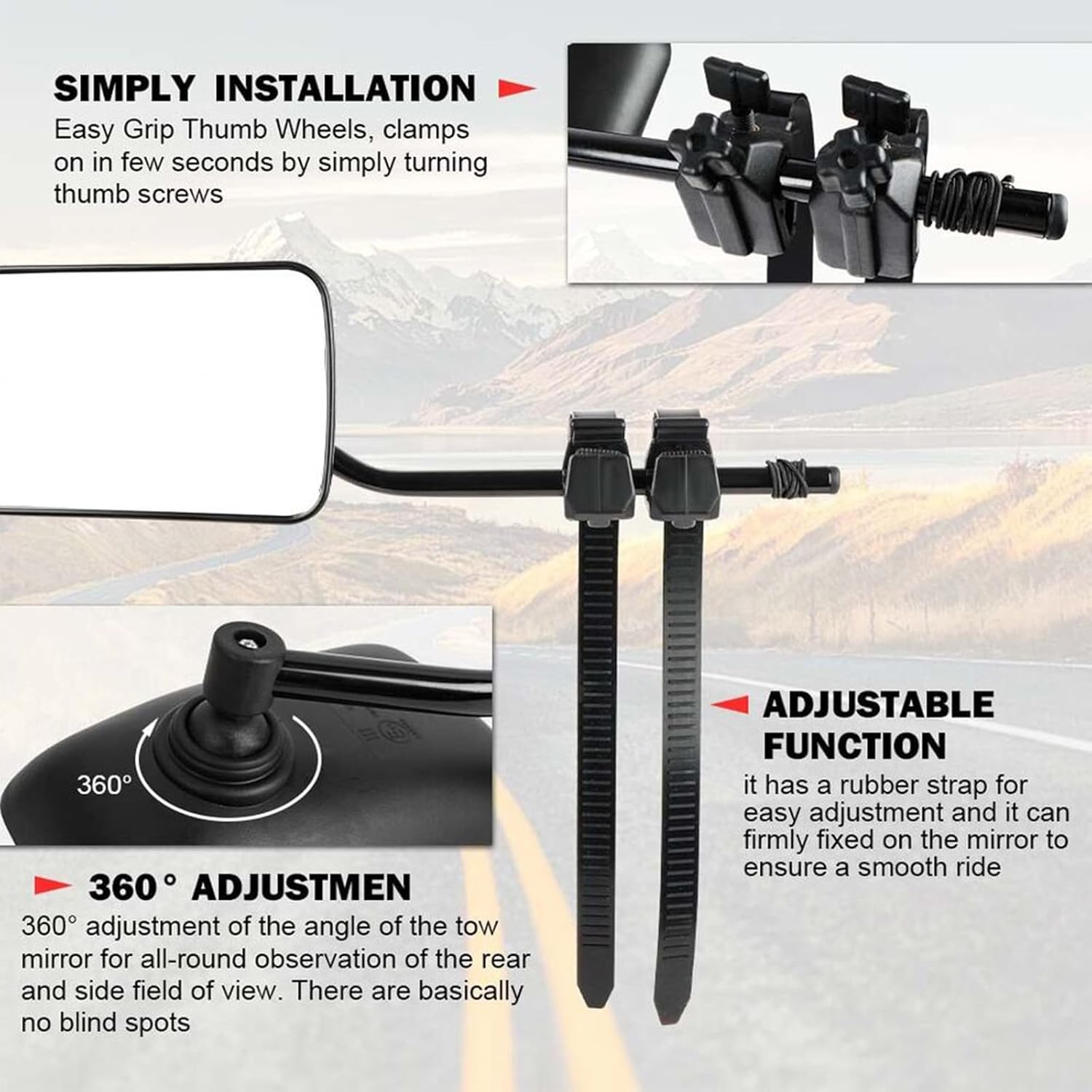 Provecta 1 Pair Caravan Towing Mirrors,Universal Clip-On Truck & RV Trailer Tow Mirrors,Adjustable Rearview Mirrors for Motorhome Vehicle Car RV SUV image number 2