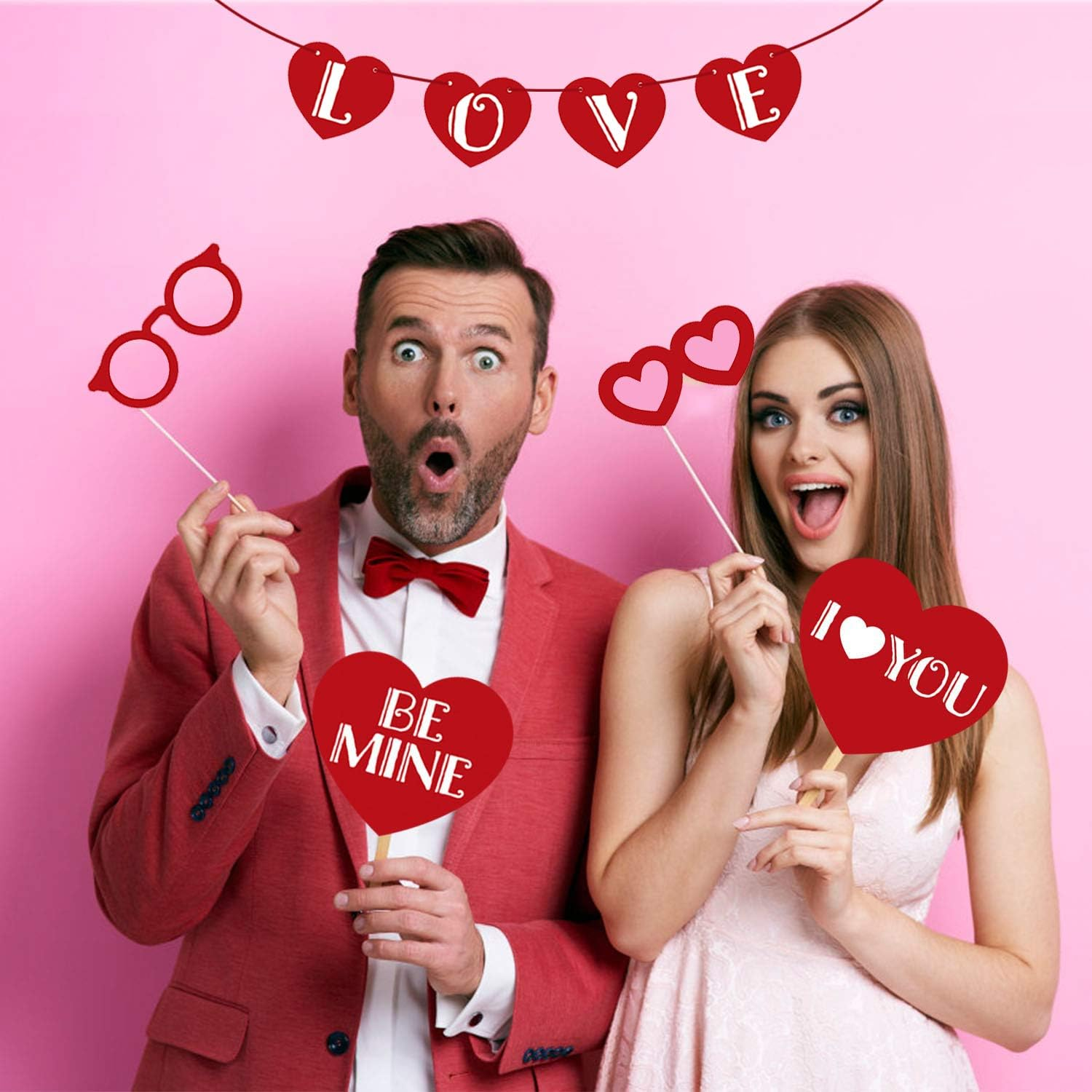Valentine&rsquo;S Day Photo Booth Props 35 PCS DIY Funny Disguise Props Valentines Day Decorations with Love Banner - Valentines Photography Props Wedding Photo Props image number 6