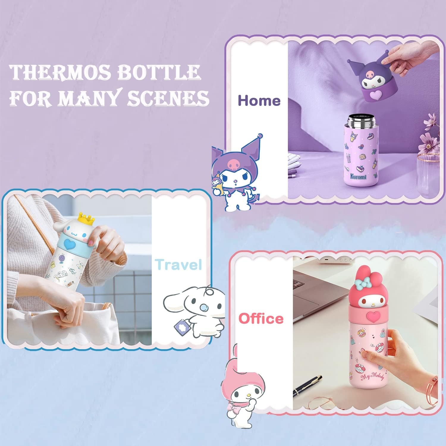 360Ml/12.2Oz Kawaii Water Bottle, Kuromi Thermos Water Bottle, Cute Insulated Water Bottle, Stainless Steel Water Cup for Hiking, Camping, Traveling, Office, School, Car, Girls