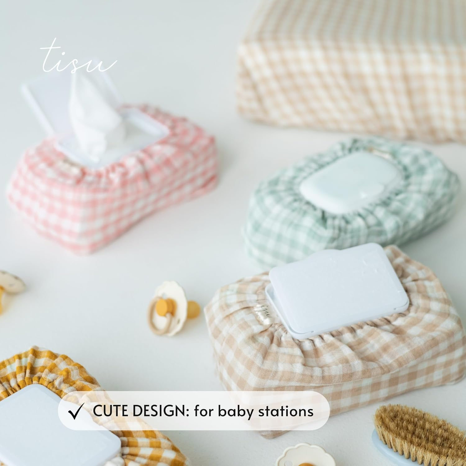 Baby Wipes Cover &ndash; Universal Size, One Size Fits All Wipes Packages | Muslin Cotton Tissue Cover for Nursery, Diaper Bag & Changing Table, Station | Gingham & Neutral Patterns (Beige Gingham)