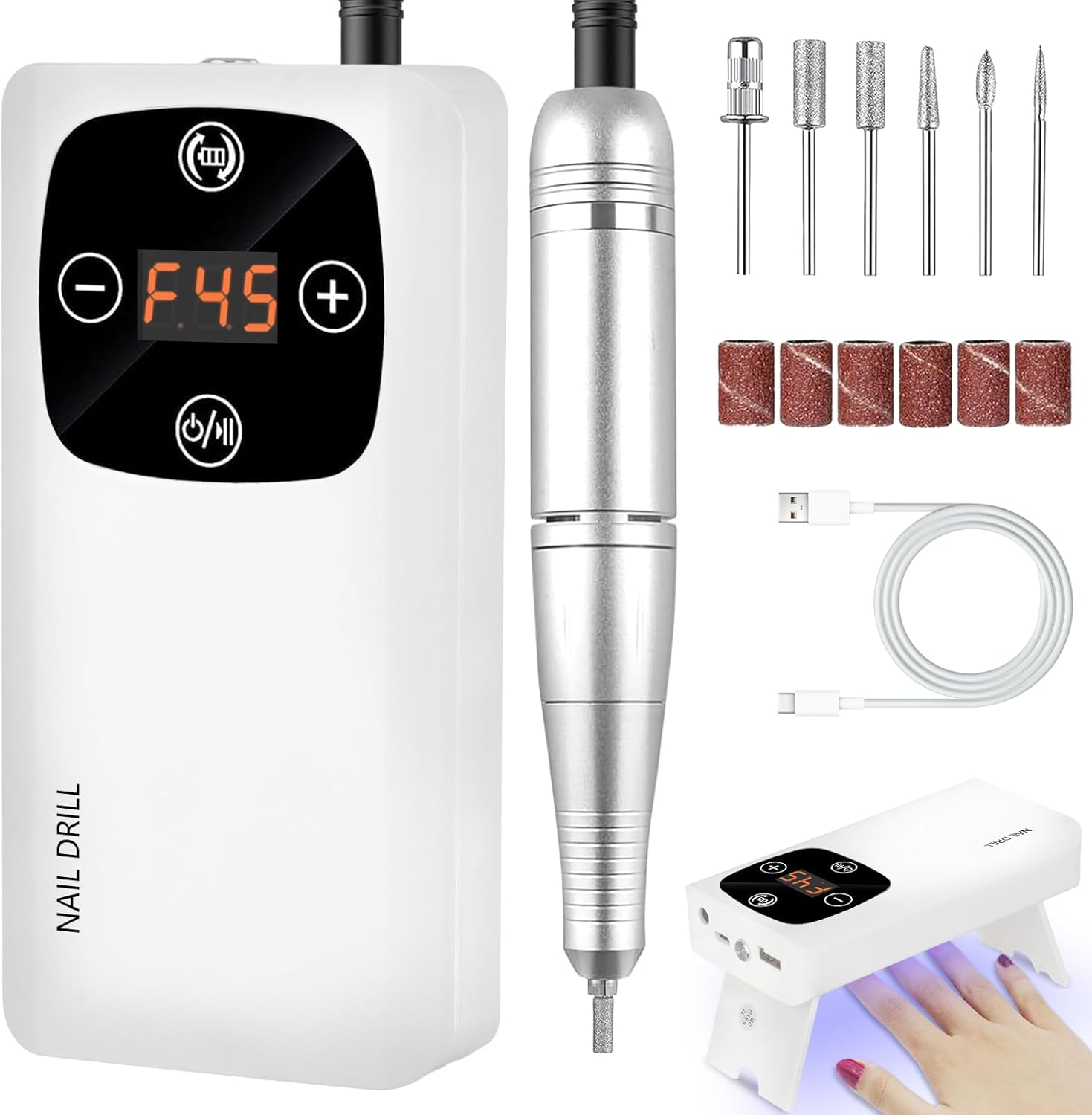 2-In-1 Cordless Nail Drill with Nail Lamp, Professional Rechargeable 45000 RPM Electric Nail File for Acrylic, Gel Nails, Manicure, Pedicure, Salon & Home Use image number 6