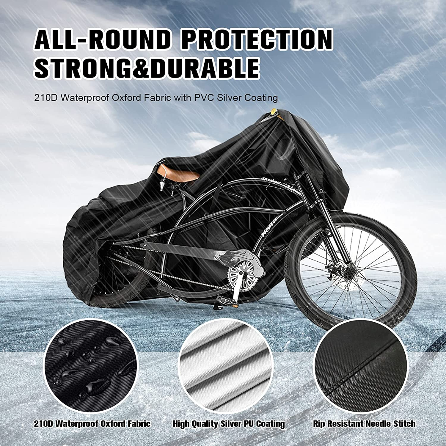 Bike Cover for Outdoor Storage Heavy Duty 210D Waterproof Bicycle Cover Rain UV Protection Dustproof with Lock Holes and Storage Bag for Cruisers, Mountain, Road Electric Bikes image number 5