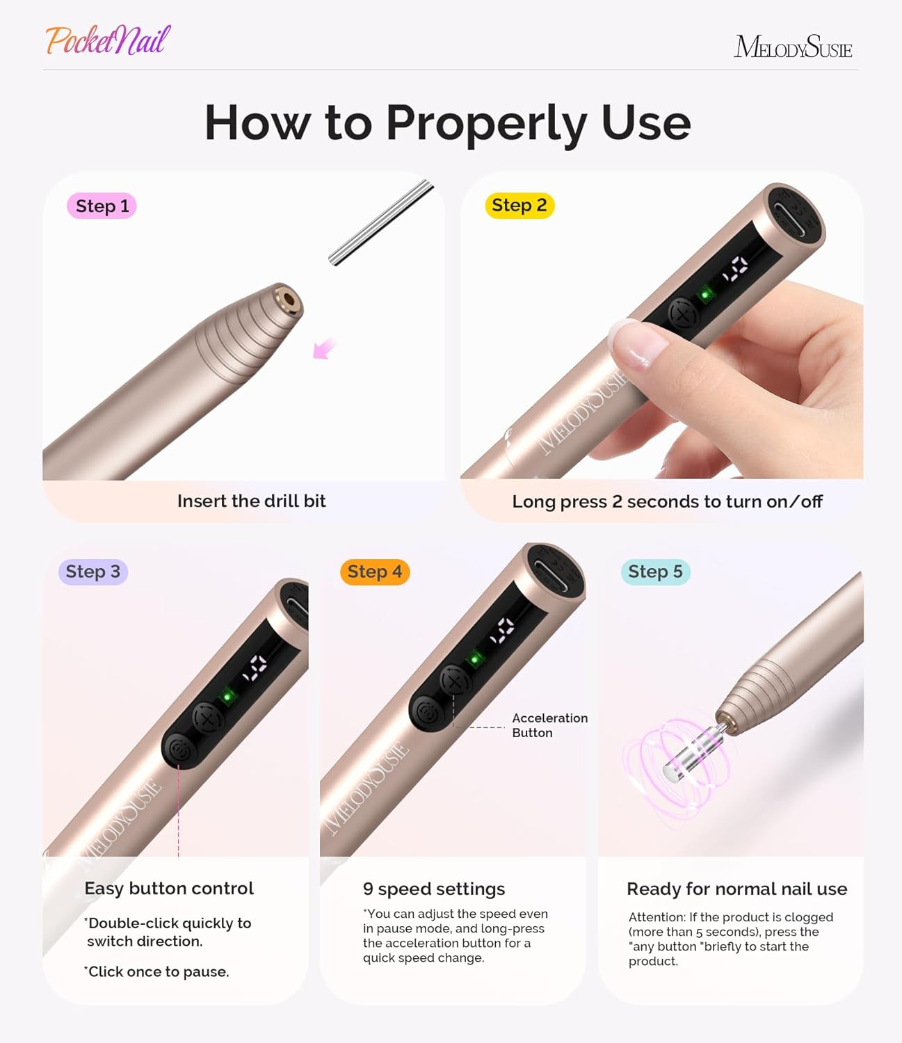 Melodysusie Wireless Nail Cutter, Electric Nail File Cutter for Gel Nails, Acrylic Nails, PC100GR Nail Drill 20000 Rpm, Adjustable Speed, Manicure Pedicure Set (Gold) image number 4