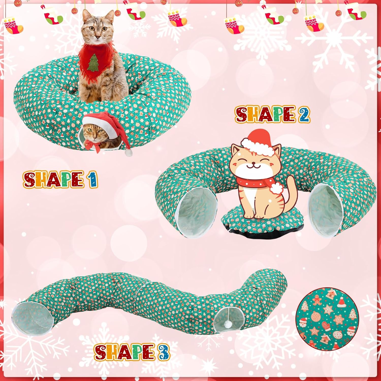 Yeyeplum Cat Tunnel Bed Indoor 3 Ft X 3 Ft X 10 Inch Kitten Donut Tunnel with Ball Peekaboo Cat Cave Summer Pet Bed round Hideaway Holiday Circle Cave Pets Gift(Green,Santa Claus) image number 2