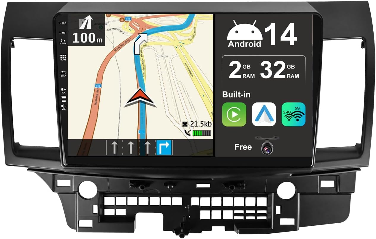 Android 14 IPS Car Stereo for Mitsubishi Lancer (2010-2016) - Wireless Carplay + Android Auto - 2G+32G - Rear Camera - 10.1 Inch 2 Din - Steering Wheel Dual Band Wifi DAB Fast-Boot Bluetooth