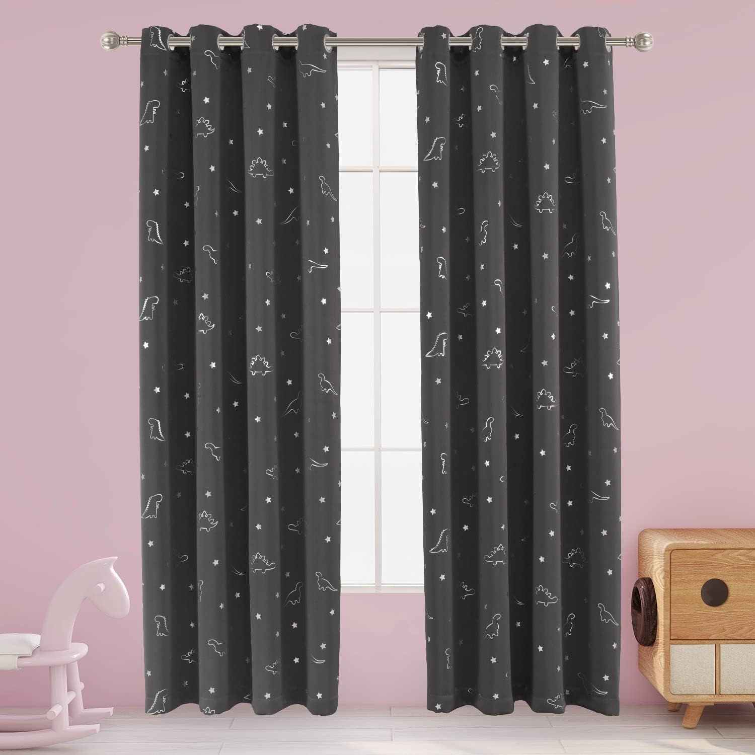 LORDTEX Dinosaur and Star Foil Print Blackout Curtains for Kids Room - Thermal Insulated Curtains Noise Reducing Window Drapes for Boys and Girls Bedroom, 42 X 63 Inch, Grey, Set of 2 Panels