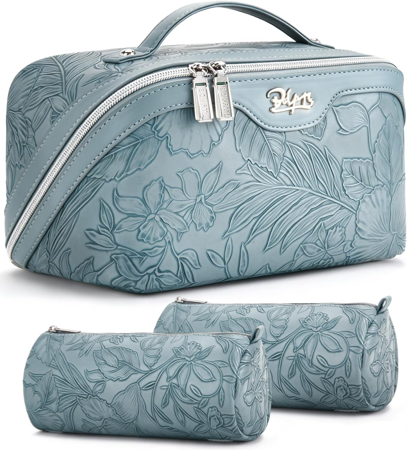 BOYATU Travel Makeup Bags Cosmetic Organizer Bag: 3-Set Large Capacity Make up Bag - PU Leather Toiletry Bags for Women - Wide Open Portable Pouch with Divider & Handle, 01-Light Blue, Travel