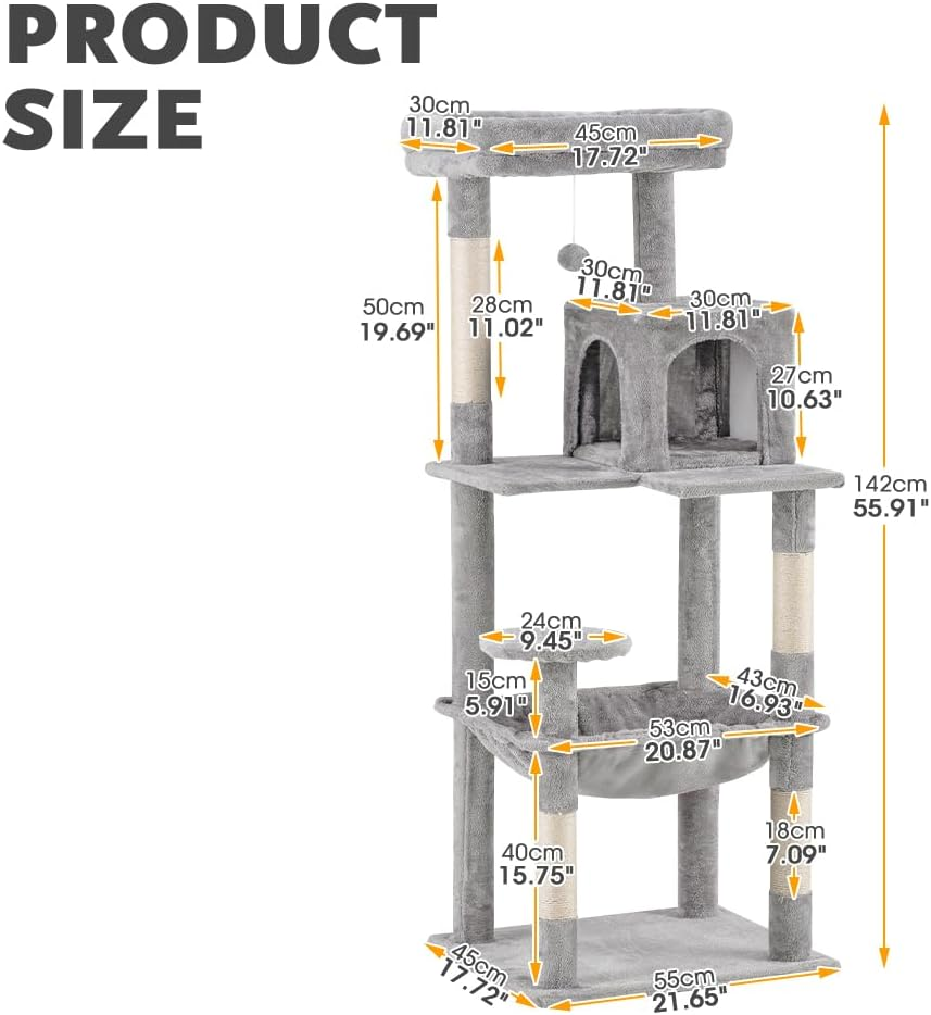 Cat Tree Tower, 142CM Multi-Level Cat Tower for Large Cats, Kitten Furniture Activity Center with Cozy Hammock, Condo, and 4 Sisal Scratching Posts, Gray image number 5