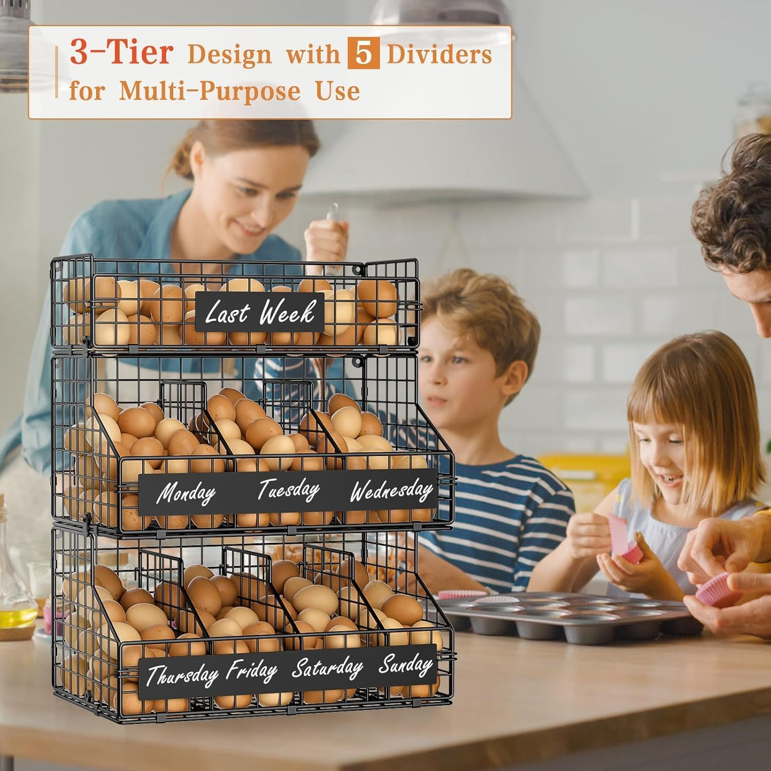 3-Tier Stackable Wire Egg Storage Basket, XXL Countertop Egg Holder with 5 Dividers, Wall-Mountable image number 5