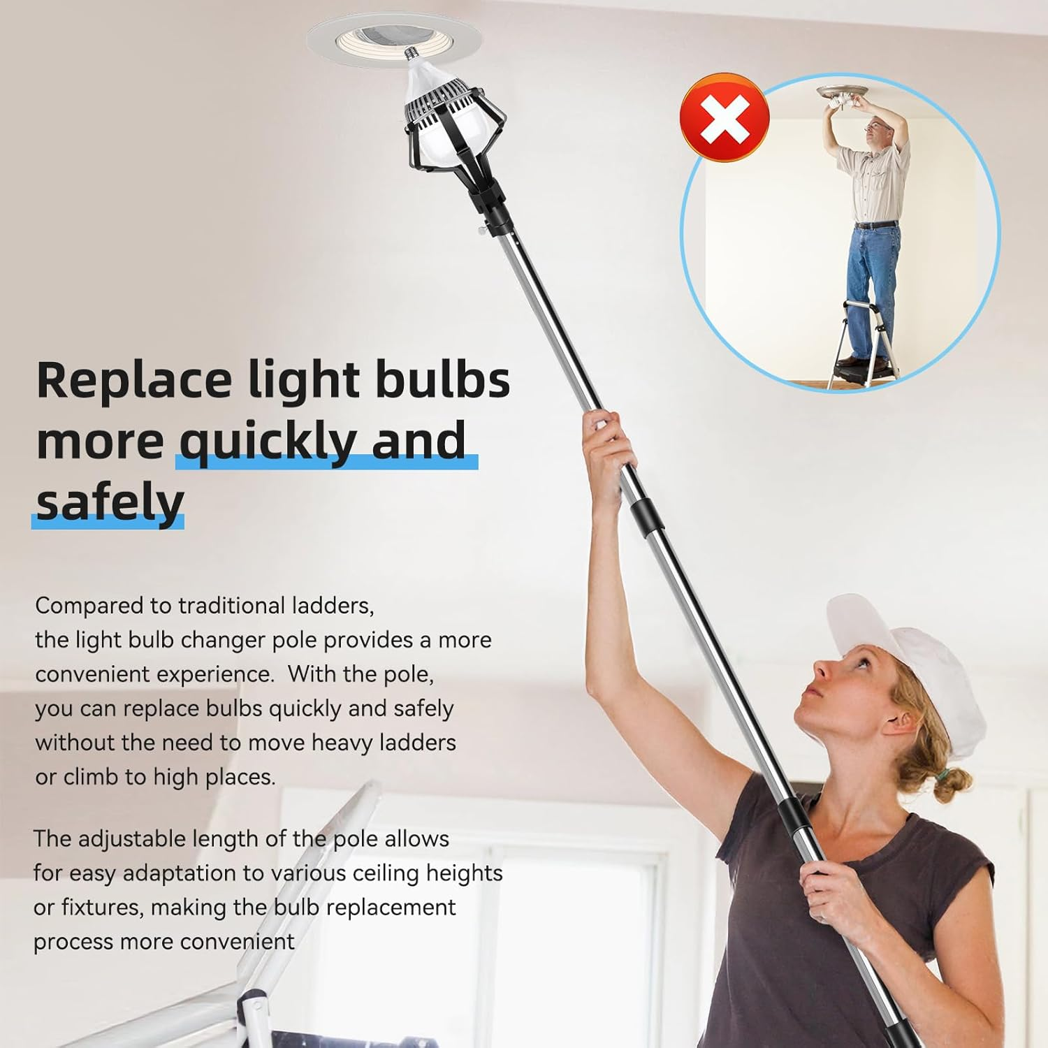 Light Bulb Changer High Ceiling, 3-12FT Assembled Light Bulb Changer for Recessed Lights with Extension Pole Changer， Baskets & Suction Cup, Bulb Removal Tool for Household, Camping (Black) image number 4