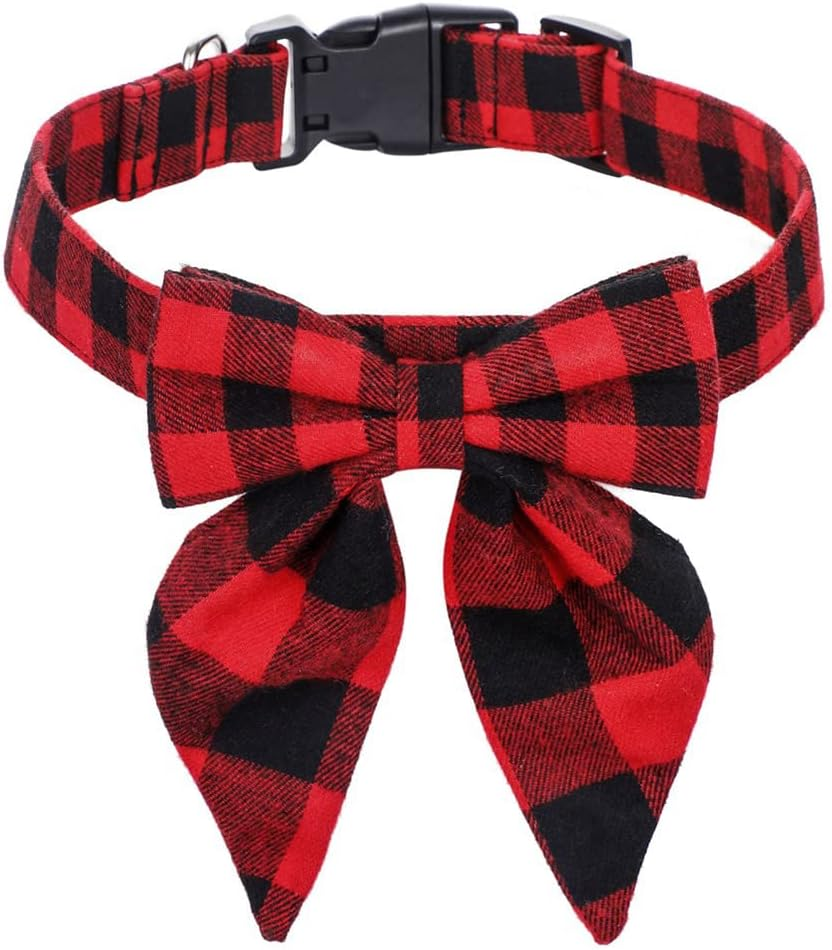 FUNAT Christmas Dog Collar with Bow Tie, Large Dog Pet Collar Dog Bowtie Big Swallowtail Knot, Classic Plaid Dog Christmas Collar with Buckle image number 6