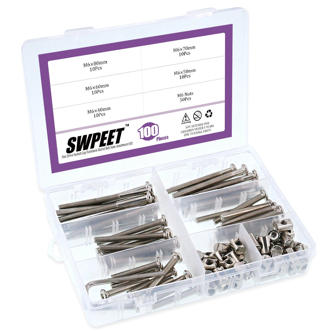 Swpeet 100Pcs Crib Hardware Screws, Nicked Plated M6 &times; 40/50/60/70/80Mm Hex Socket Head Cap Crib Baby Bed Bolt and Barrel Nuts with 1 X Allen Wrench Perfect for Furniture, Cots, Crib Screws image number 5