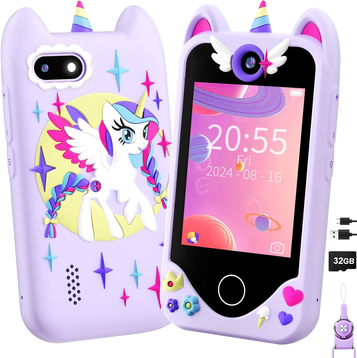 Kids Smart Phone for Girls Gifts - Toddler Christmas Birthday Gift for Age 3 4 5 6 Year Old, Kids Cell Phone Toy with Touchscreen, Dual Cameras, Learning, Music Player, Games with 32 GB Card