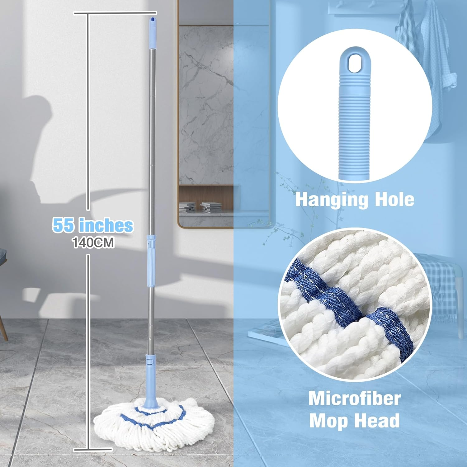 NEWE Self Wringing Twist Mop for Floor Cleaning, Upgraded 45 Cm Wide Microfiber Mops, 140 Cm Long Handle Wet Dry Kitchen Easy Squeeze String Mop for Wood, Hardwood, Tile, Marble image number 4