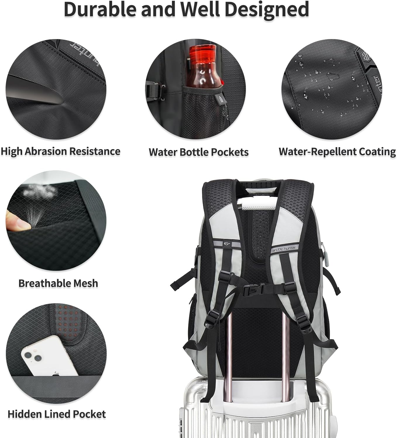 ARCTIC HUNTER AH Large Carry on Travel Backpack for Men,30L Compact Laptop Backpack,Business and Weekend Casual Daypack - Sliver image number 5