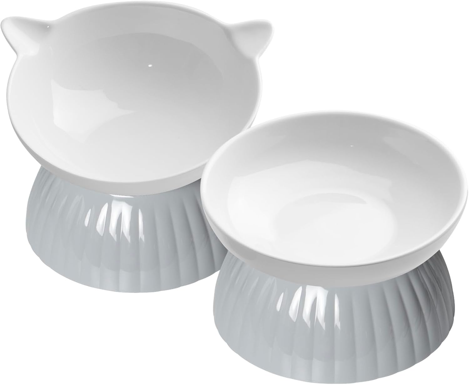 2 Ceramic Raised Cat Food and Water Bowls, Elevated Pet Bowl Set for Indoor Cats and Small Dogs, Anti-Vomiting Feeder with Plastic Base, Dishwasher Safe, Black