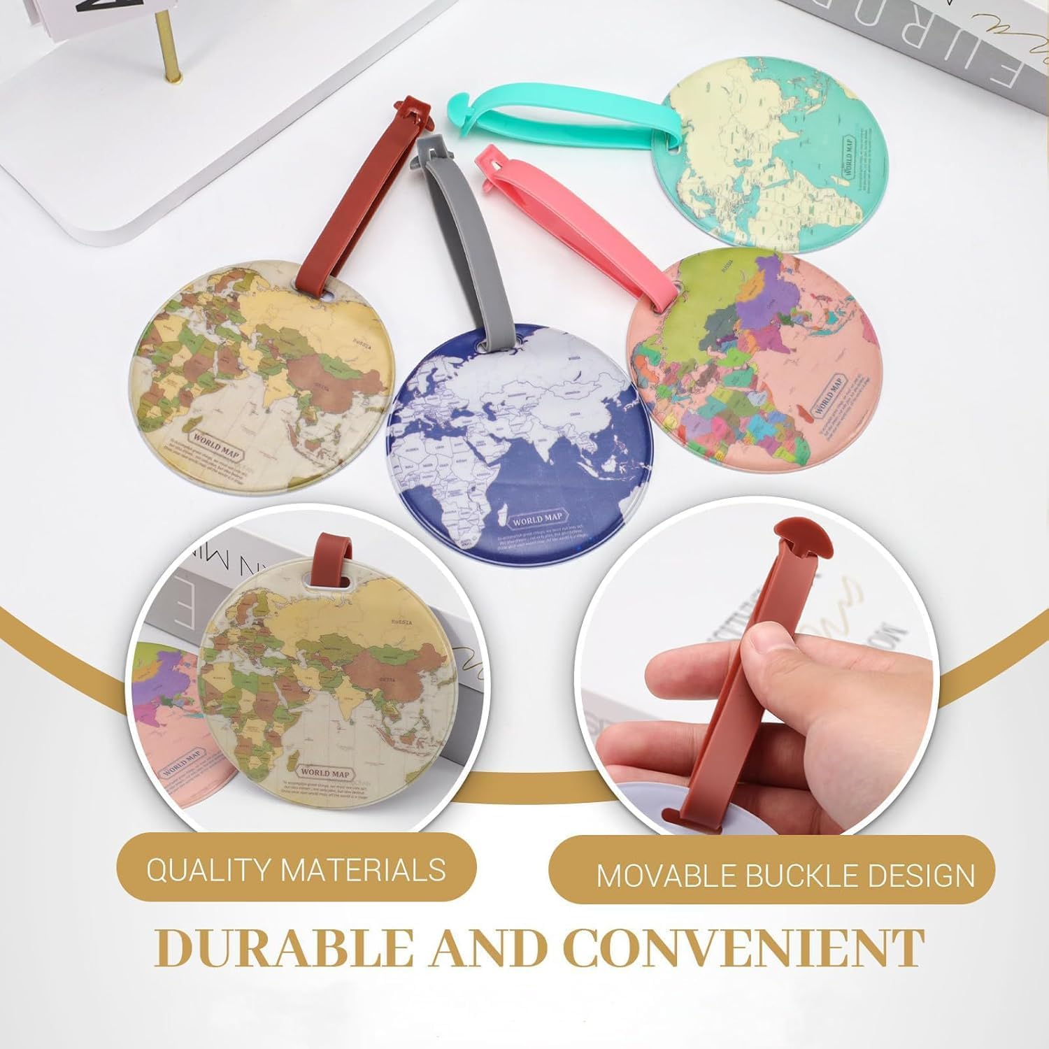 PVC World Map Luggage Tags Suitcase Tags, 4Pcs World Map Travel Luggage Suitcase Labels, round World Map Travel Luggage Tags