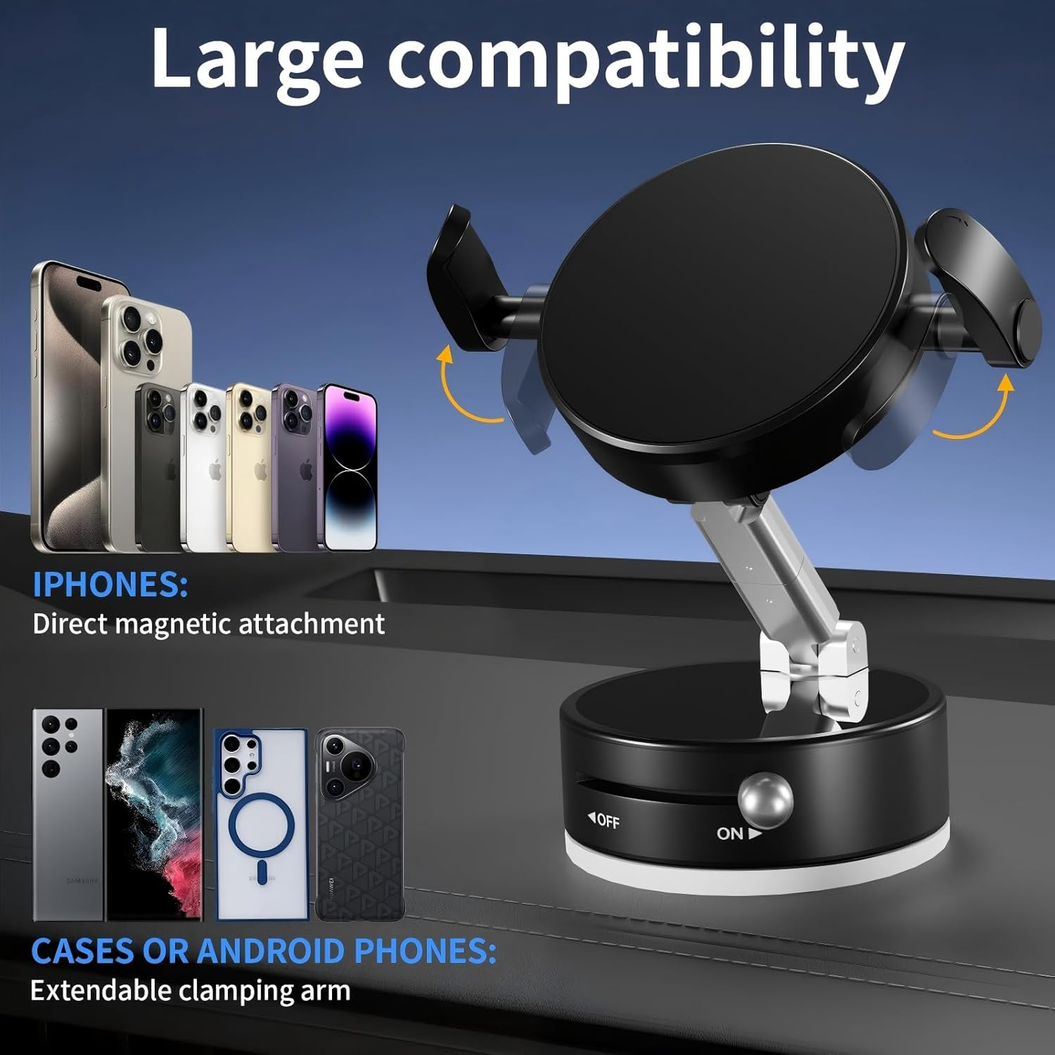 Car Phone Holder, Vacuum Magnetic Suction Phone Mount with Clamp, Magnetic Adjustable Holder, 360&deg; Rotatable Mobile Phones Holders for Dashboard, Magnetic Mount for Iphone All Smartphones, Black image number 4