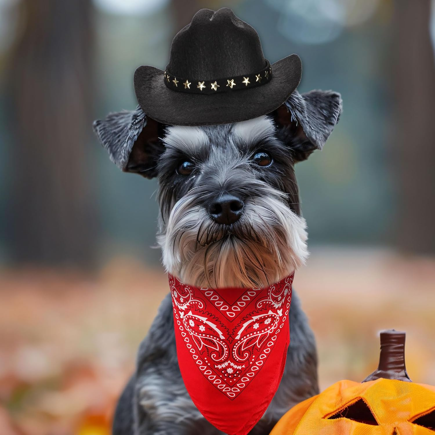 PEUTIER Pet Cowboy Costume, Dog Cowboy Hat & Dog Bandana Scarf Dog Halloween Costumes Outfit Accessories for Small Cats Dogs Pets (Black, Red)