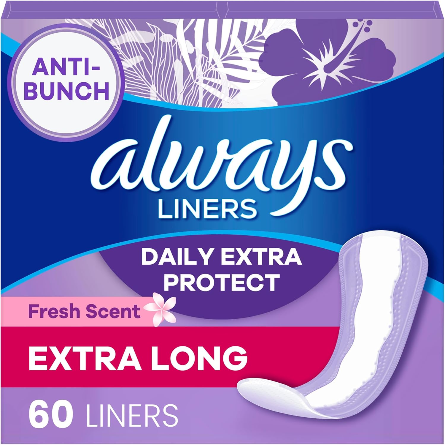Always Pantiliners with Odor Lock for Women, Extra Protection Absorbency Liners, Long Plus-60 Count image number 3