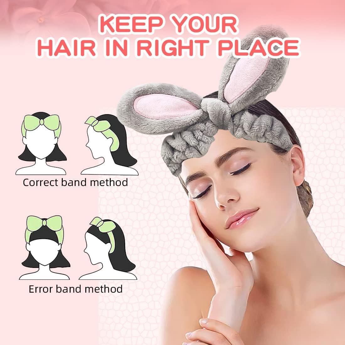 FUKPO Hair Band Cosmetic Rabbit Ears Cat Ears Make up Headbands Shower Hair Band Washing Face Cosmetic Headband Elastic Coral Fleece Hair Bands Women'S Yoga Sport Spa Beauty Pack of 2 image number 1